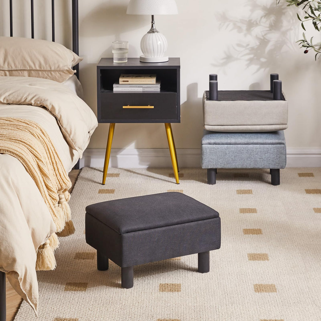 IBUYKE 16.54" Small Footstool, PU Faux Leather Step Stool, with Padded Seat Pine Wood Legs and Padded Rectangular Stool, for Bedroom, Black RF-BD210