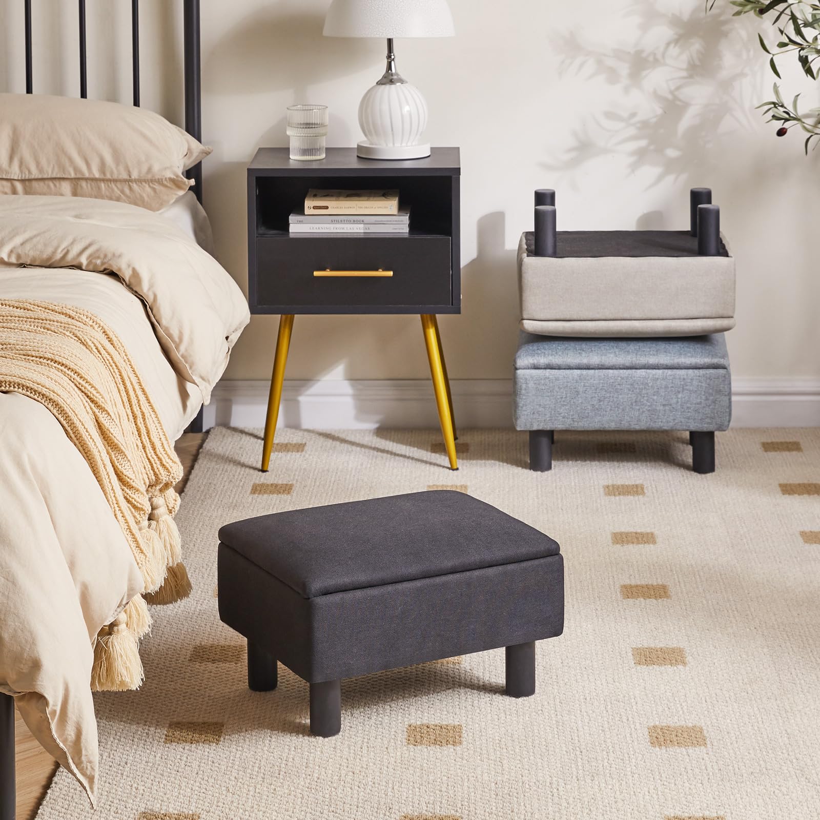 IBUYKE 16.54" Small Footstool, PU Faux Leather Step Stool, with Padded Seat Pine Wood Legs and Padded Rectangular Stool, for Bedroom, Black RF-BD210
