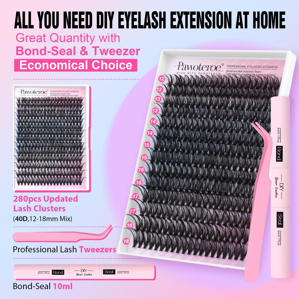 Pawotence Lash Extension Kit DIY 280pcs Individual Lash Clusters Kit 20D&30D Natural 9-15mm Cluster Eyelash Extensions Kit with Lash Bond and Seal, Tweezers for Self Use (20D&30D, 0.07D, 9-15mm, Kit)