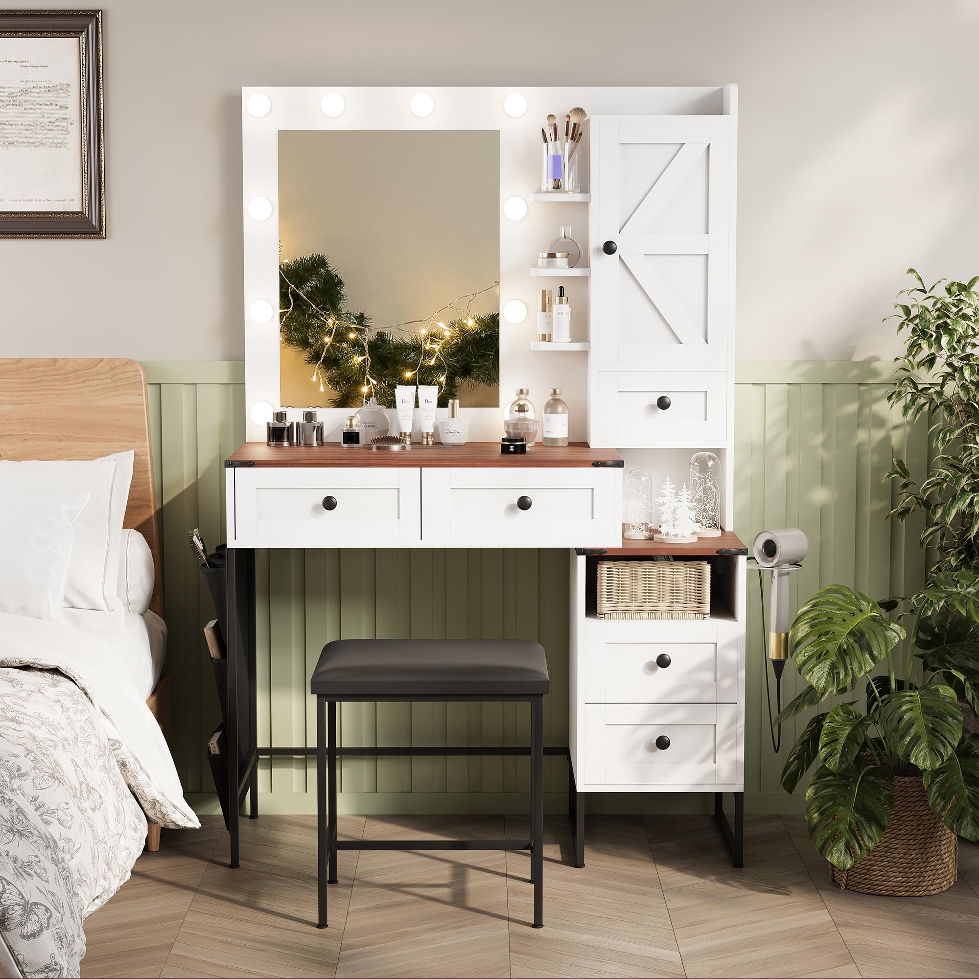 YIKEHOME Makeup Vanity Desk with Mirror and 10 Lights, 3-Colour Hollywood Brighter Bulbs, Vanity Table Set with Large Drawers and and Charging Station for Bedroom Dressing Room White