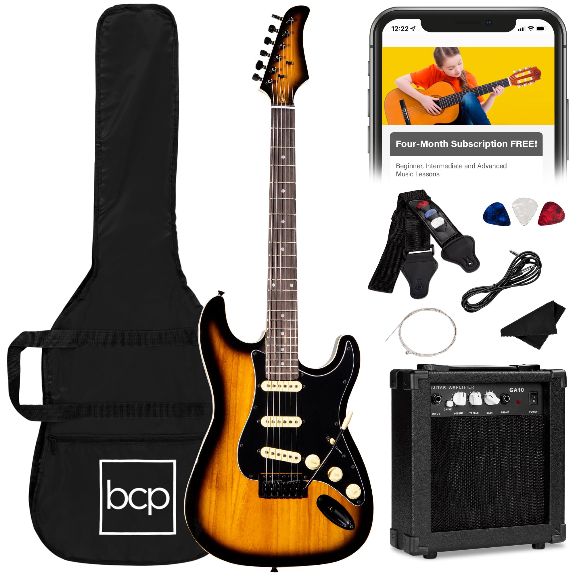 Best Choice Products 39in Full Size Beginner Electric Guitar Starter Kit w/Case, Strap, 10W Amp, Strings, Pick, Tremolo Bar - 3 Color Sunburst