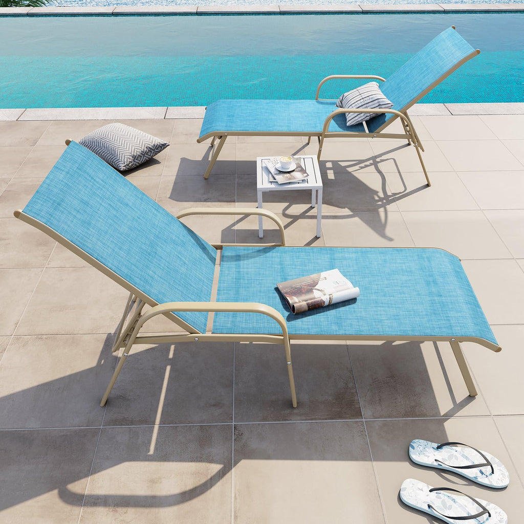 Crestlive Products Chaise Lounge Chair Outdoor with Armrests, Pool Lounge Chairs Set of 2, Aluminum Adjustable 5 Positions Sun Tanning Lounger for Patio, Poolside, Yard, Deck, Backyard (Beige)