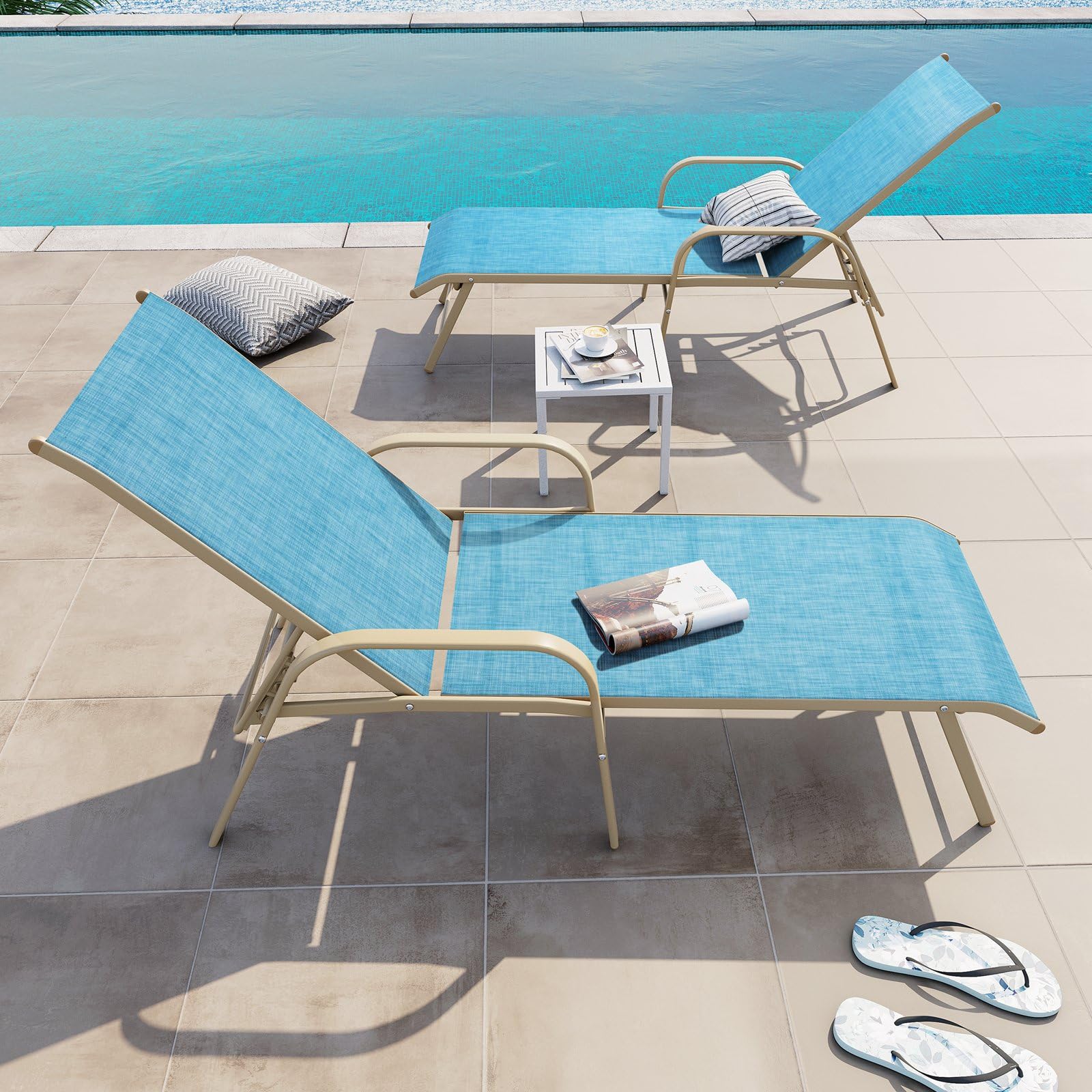 Crestlive Products Chaise Lounge Chair Outdoor with Armrests, Pool Lounge Chairs Set of 2, Aluminum Adjustable 5 Positions Sun Tanning Lounger for Patio, Poolside, Yard, Deck, Backyard (Beige)