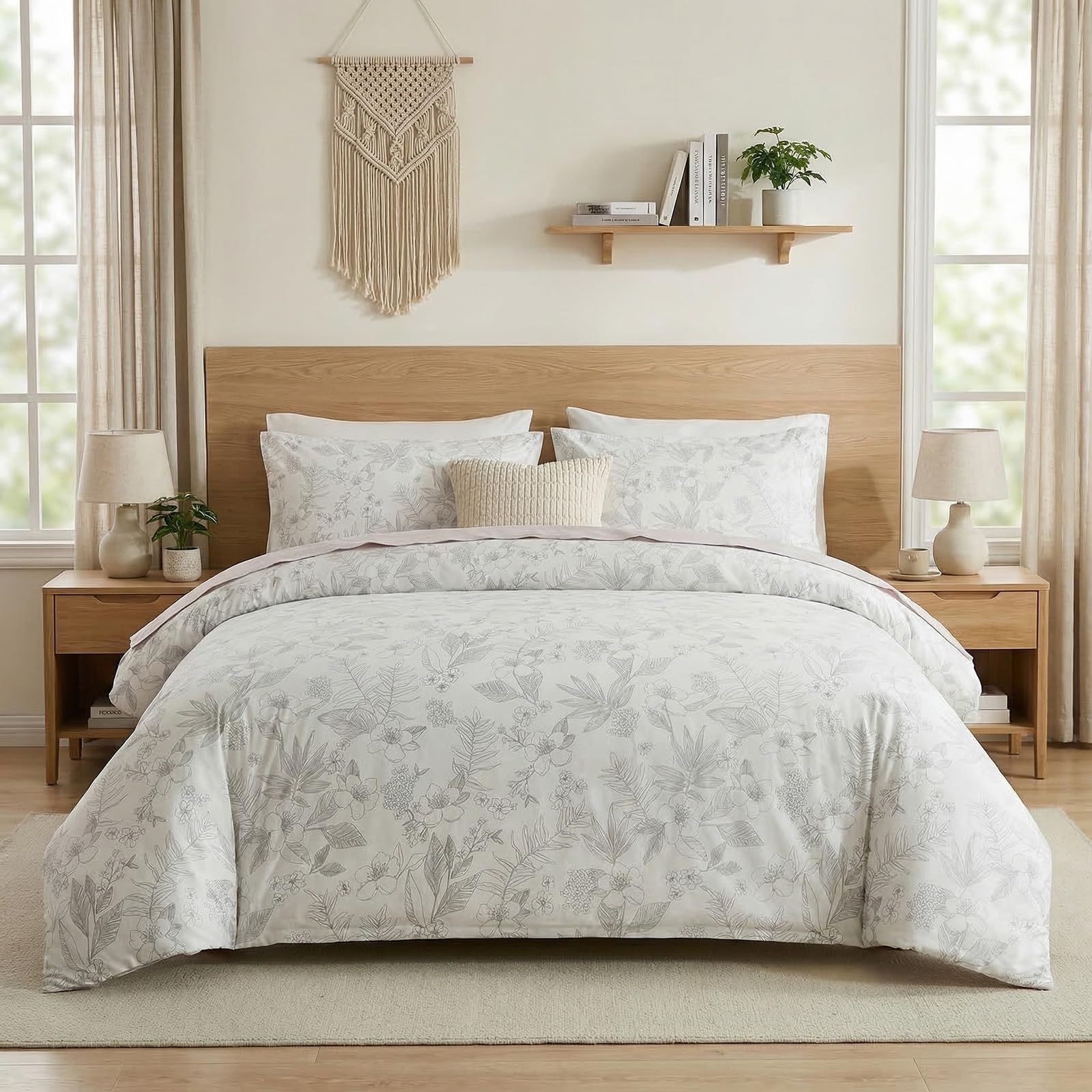 100% Natural Cotton Comforter Set Queen 3 Pcs Grayish Blue Bedding Sets with Luxurious Damask Pattern, Reversible Breathable Soft Comforter Sets for All Season