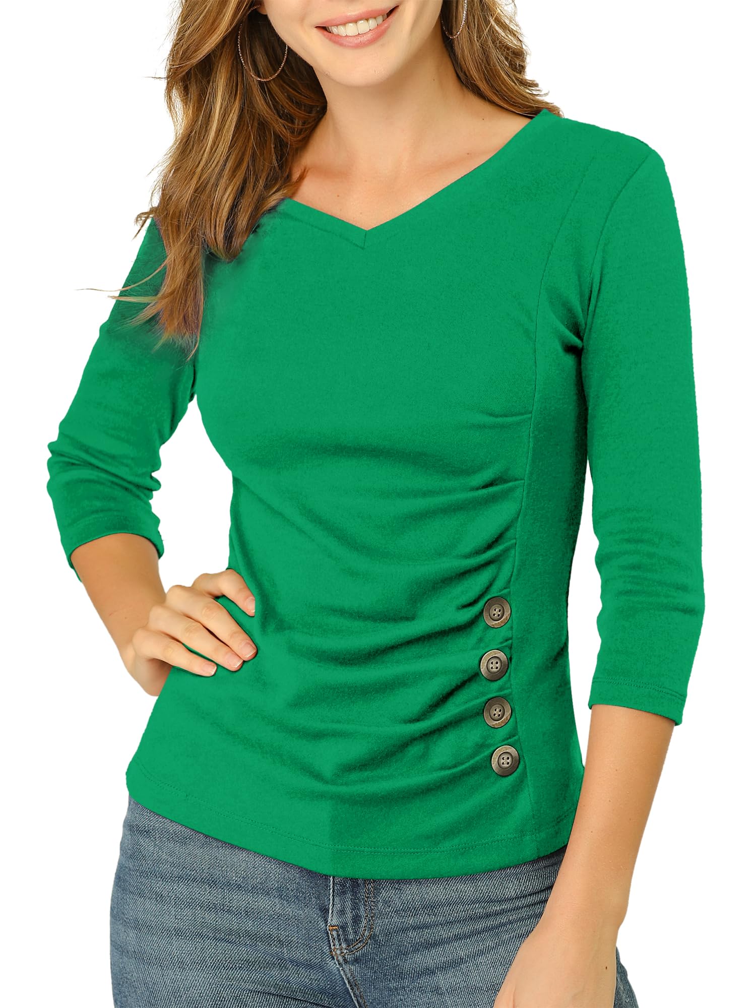 Allegra K Women's V Neck Tops 3/4 Sleeves Solid Knitted Buttons Decor Ruched Blouse