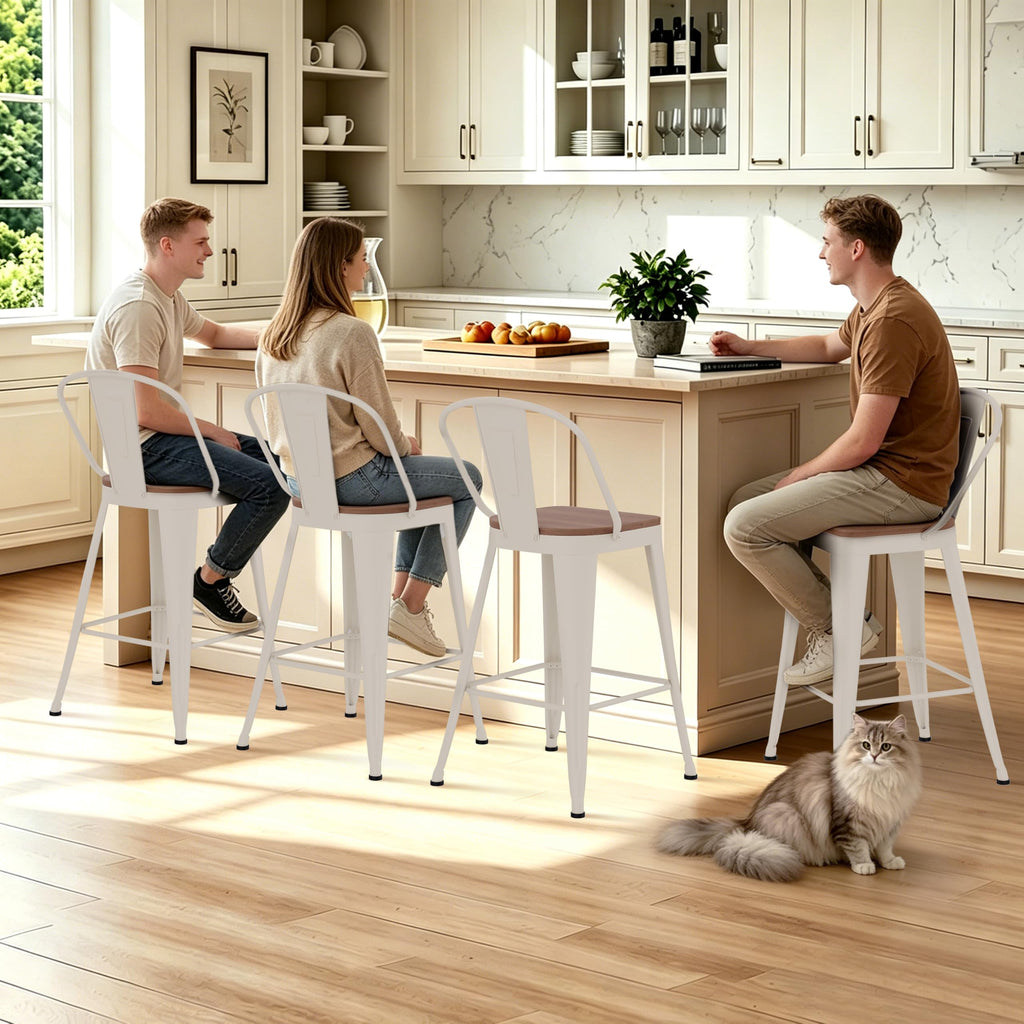 Barstools Set of 4 Counter Height Bar Stools for Kitchen Island Farmhouse Metal High Back Bar Chairs Wooden Seat 24" Matte Black