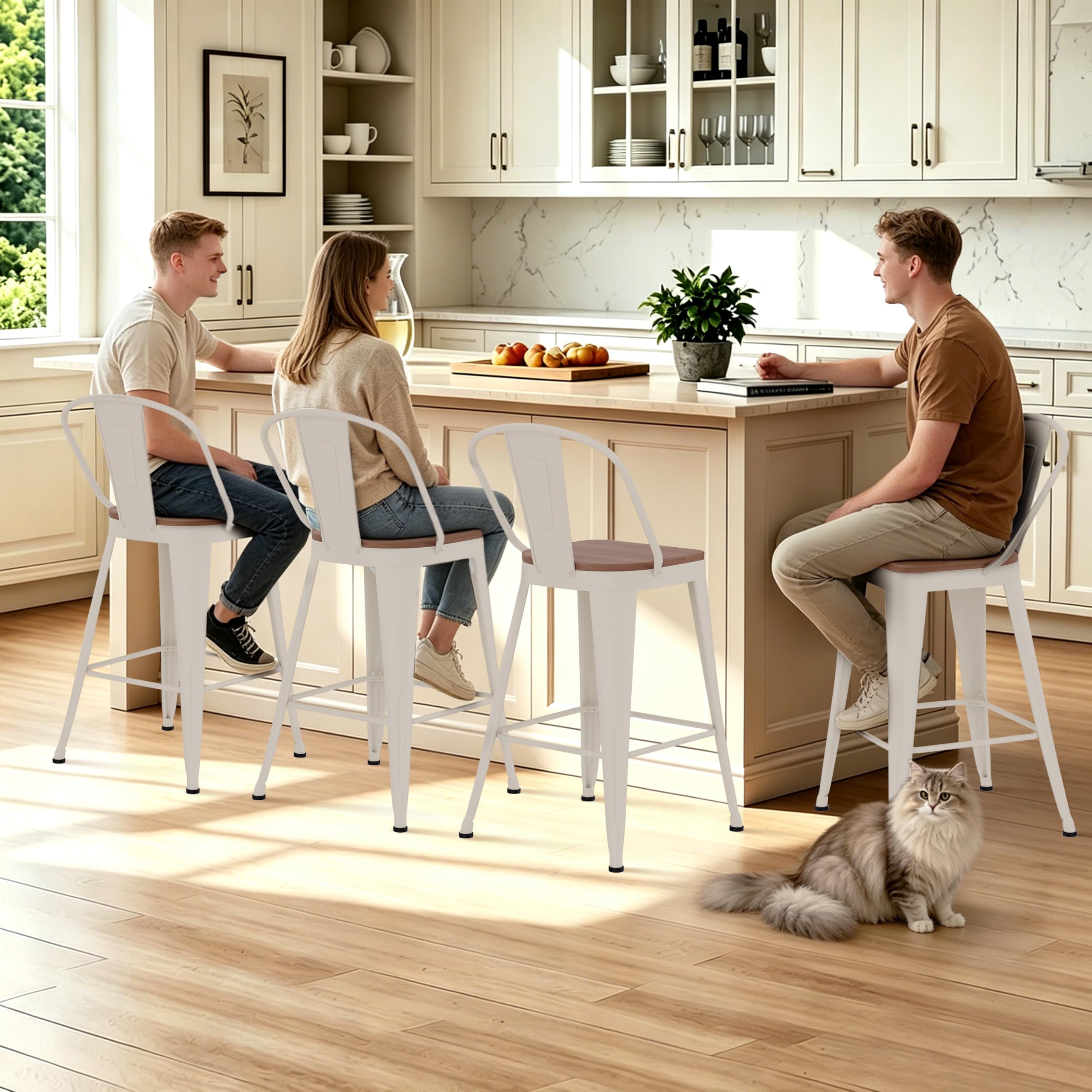Barstools Set of 4 Counter Height Bar Stools for Kitchen Island Farmhouse Metal High Back Bar Chairs Wooden Seat 24" Matte Black