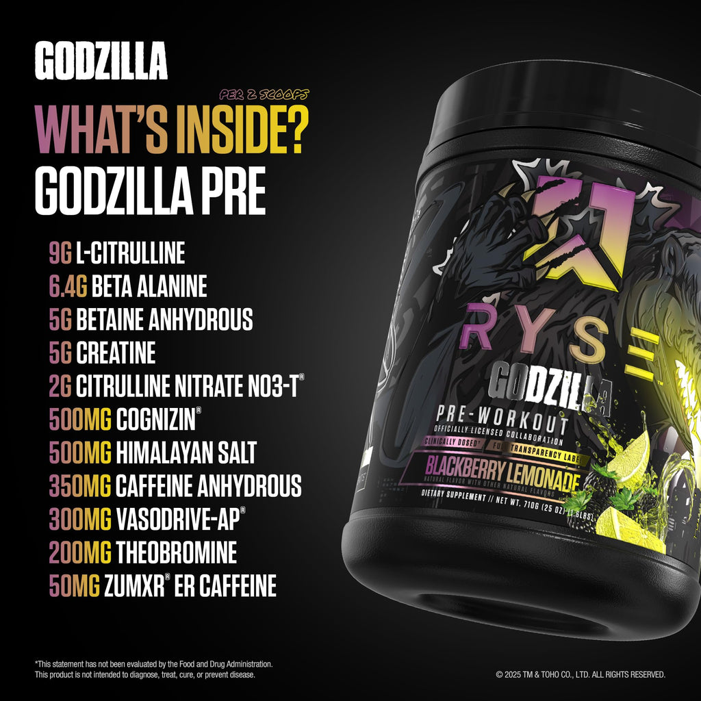 RYSE Godzilla X Noel Deyzel Pre Workout Powder - BlackBerry Lemonade - 400mg Caffeine, High Stim Pre-Workout for Men & Women with Citrulline & Beta Alanine - Energy, Pump & Focus - 20/40 Servings