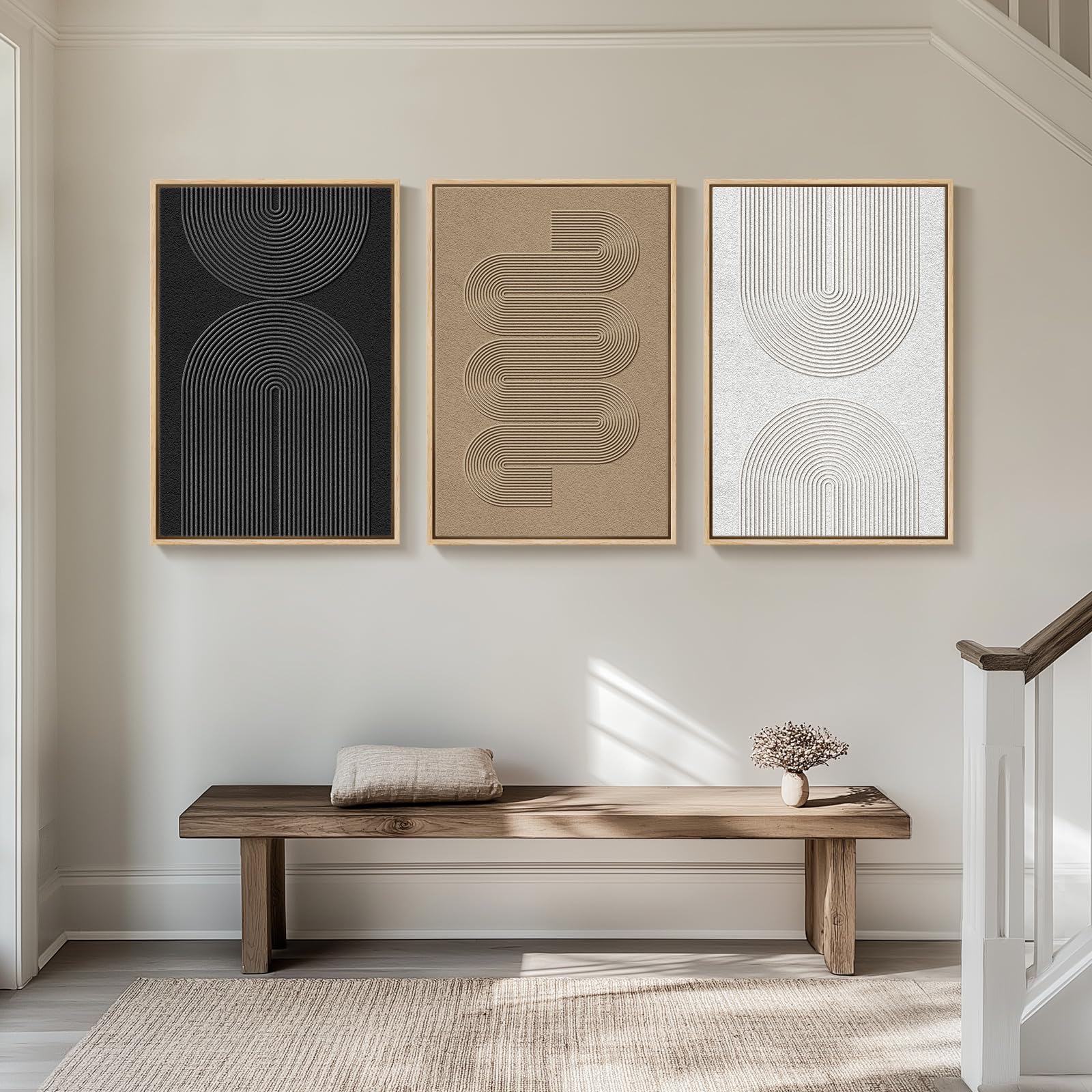 Framed Black and White Modern Abstract Wall Art, 3 Piece Canvas Prints Paintings Artwork for Walls, Minimalist Black White Grey Pictures for Living Room Dining Room Bedroom Office Wall Decor 16x24 In