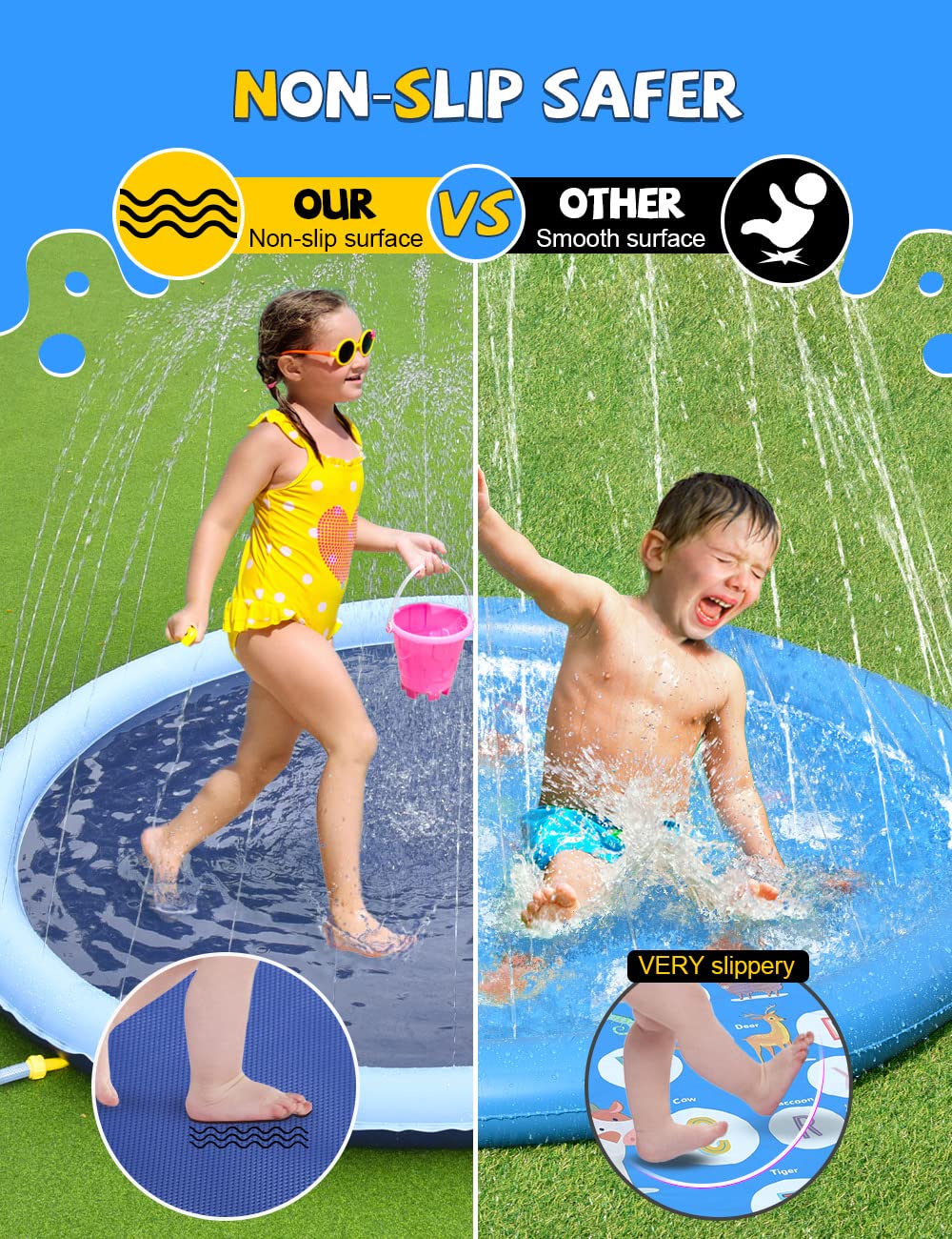 VISTOP 67" Non-Slip Splash Pad for Kids and Dogs, Thickened Sprinkler Pool for Toddlers, Outdoor Backyard Water Toys, Fun Fountain Play Mat for Babies, Children & Pets Blue