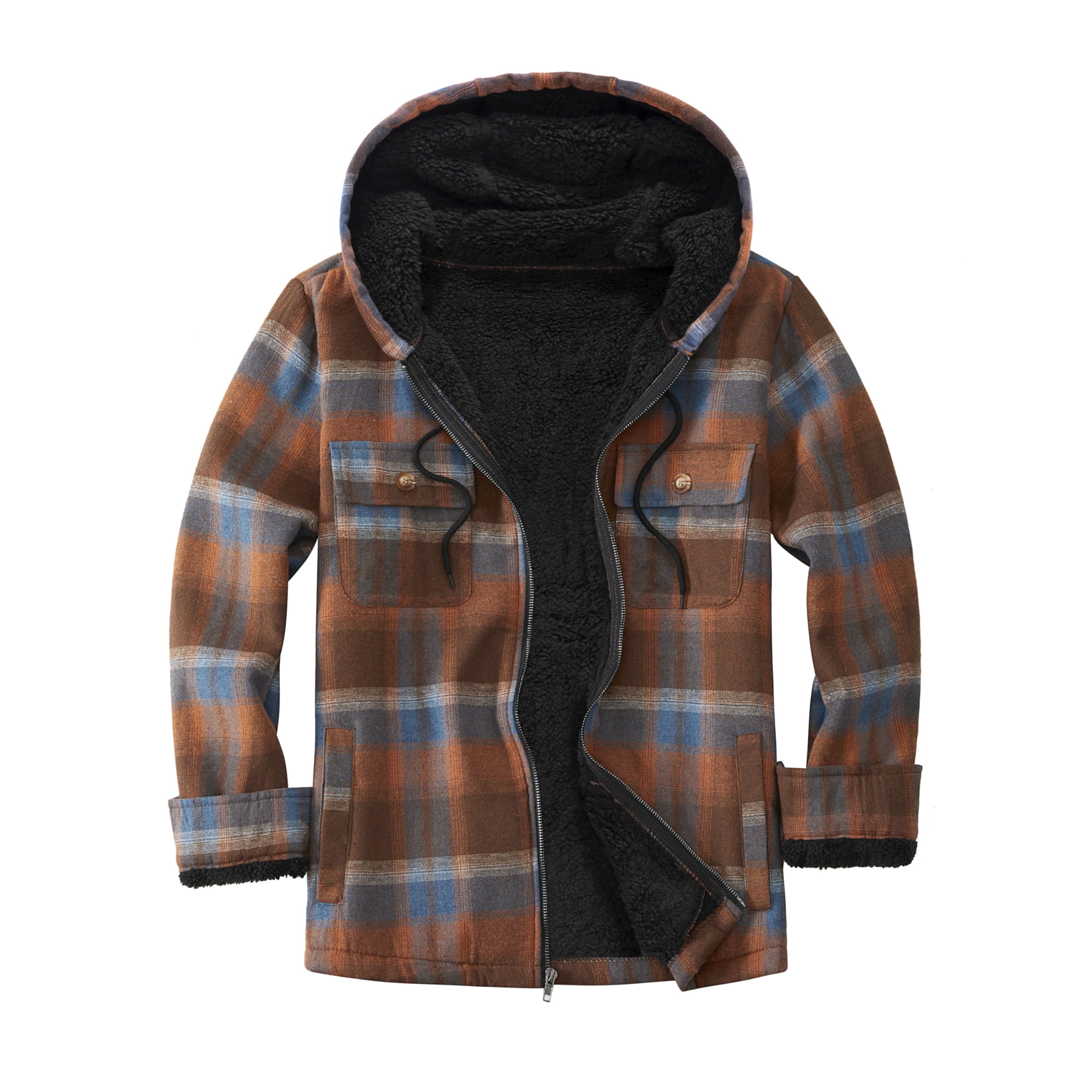 Men's Flannel Plaid Hooded Jackets Full Zip Sherpa Fleece Lined Hoodies Fashion Warm Coat