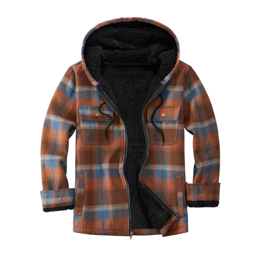 Men's Flannel Plaid Hooded Jackets Full Zip Sherpa Fleece Lined Hoodies Fashion Warm Coat