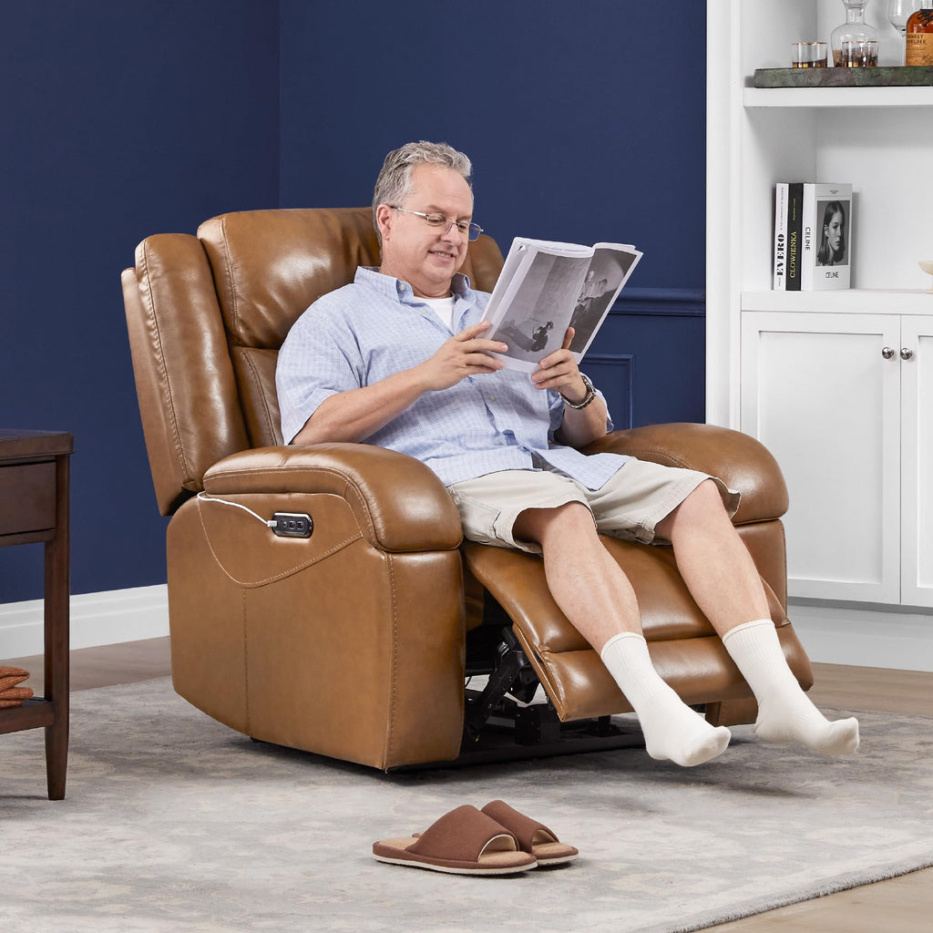 Watson & Whitely Genuine Leather Power Recliner Chairs for Adults, Wall Hugger RV Recliner with Power Headrest & Charging Ports, Electric Recliner Sofa Chair for Living Room, Black