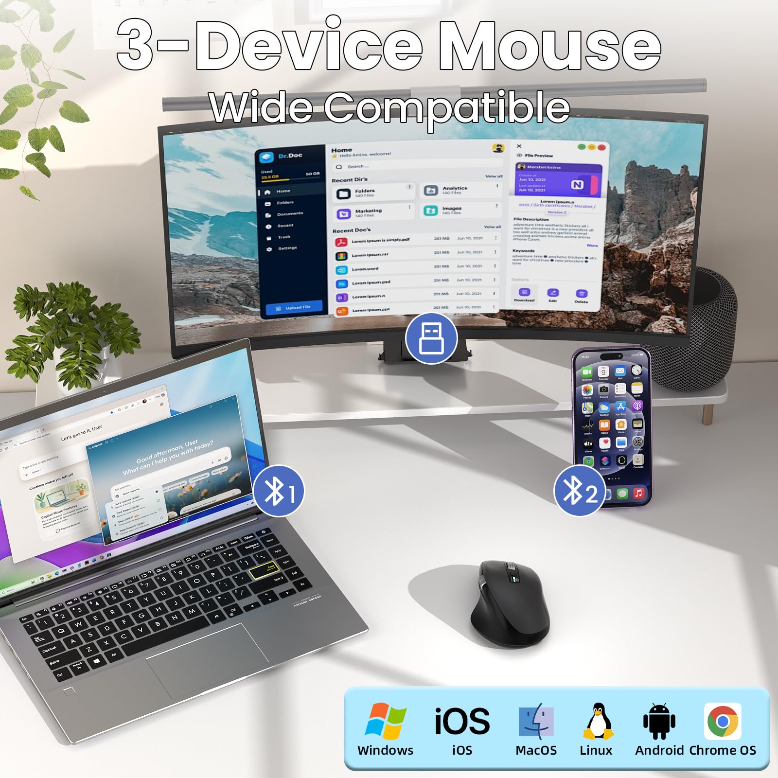 INFINMIND Wireless Bluetooth Side Scroll Mouse with Multi-Device, Ergonomic Computer Mice with Smart Flying Scroll, Quiet Click 4-Level DPI for Computer, Laptop, iPad, Tablet, MacBook (Black)