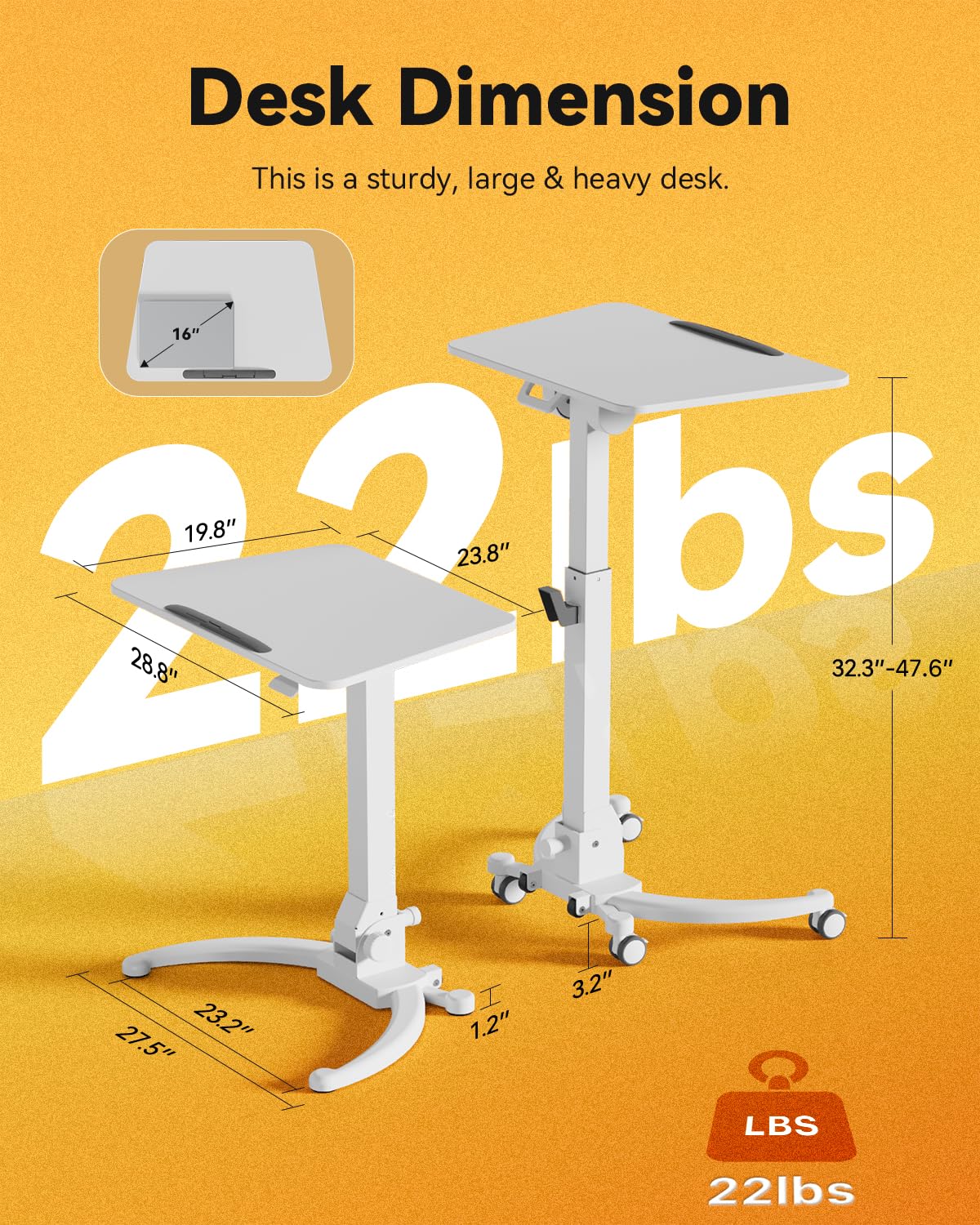 JOY worker Foldable Mobile Standing Desk, Height Adjustable Sit Stand Desk, 90° Tiltable Rolling Laptop Table, Portable Workstation with Non-Slip Mat for Home Office, Holds Up to 22lbs, Black