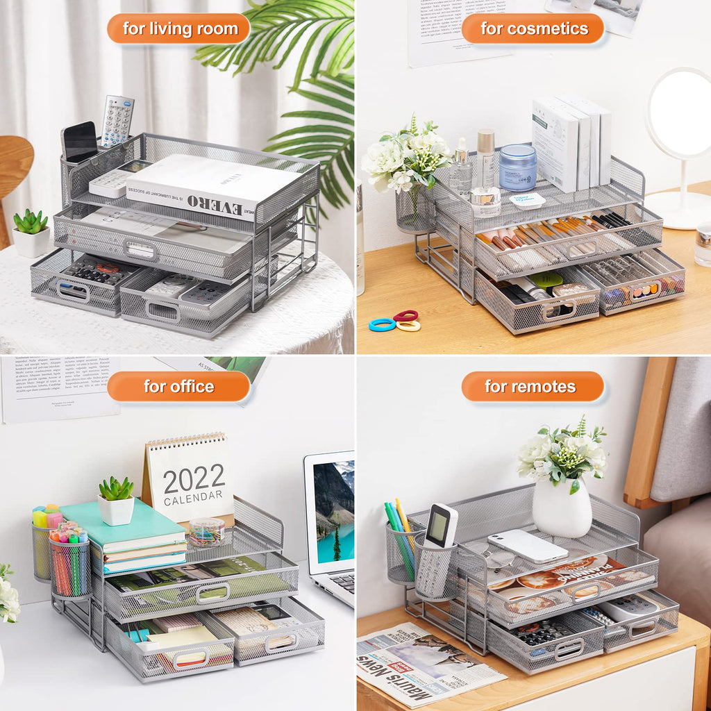 Marbrasse 3 Tier Mesh Desk Organizer with Drawer, Multi-Functional Desk Organizers and Accessories, Paper Letter Organizer with 2 Pen Holder for Home Office Supplies (Black)