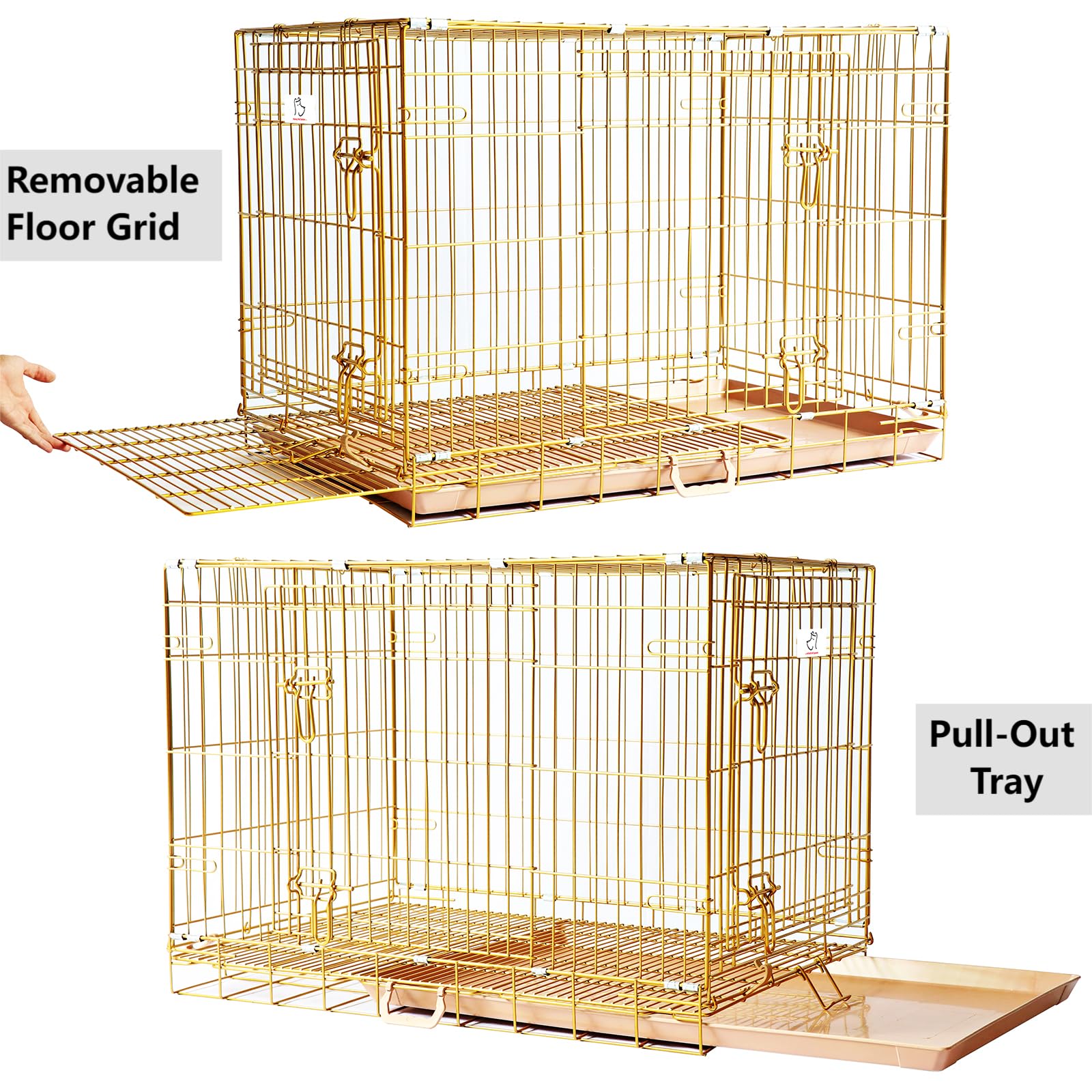 HOMEY PET 24" Gold Color Folding Design Dog Crate Puppy Ertra Small Breed Dog Kennels with Removable Floor Grid and Pull Out Tray, Dog Cage Copper Gold Finish