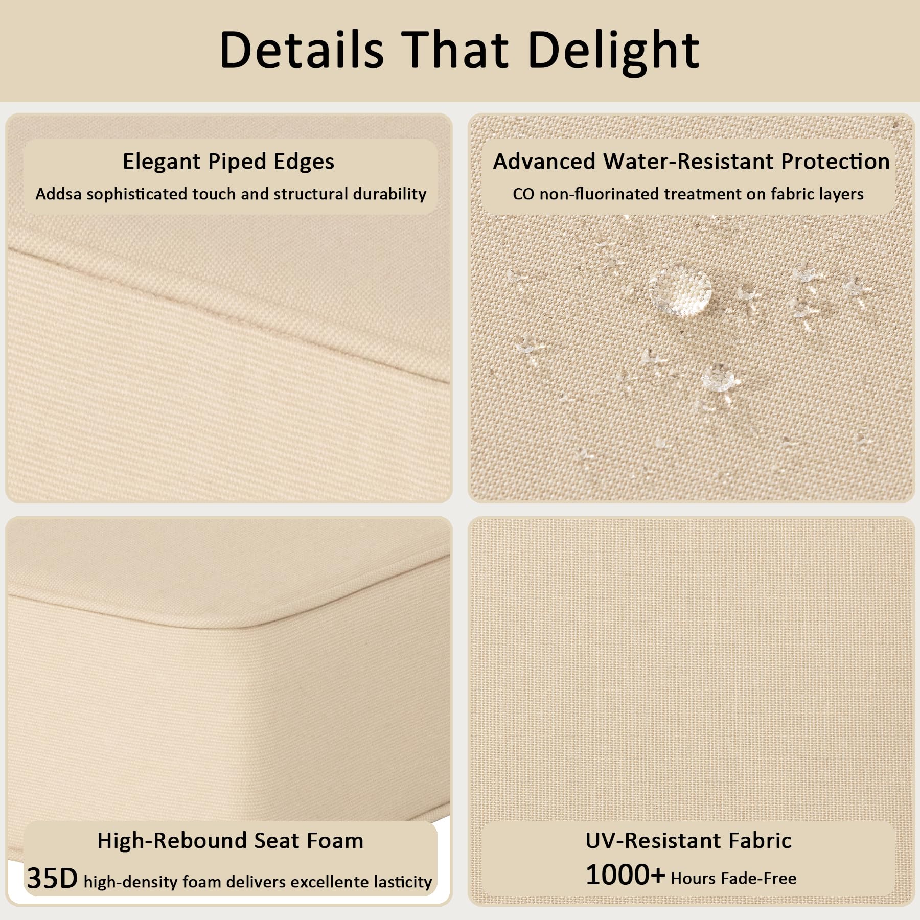 COZYVIDA 5.1" Thick Outdoor Patio Cushions Set of 2, 22"x24"x5.1" Seat, C0 Water-Resistant Breathable Fabric, UV-Resistant 1000+ Hrs, 35D Foam with Recycled Fiber Fill,Beige