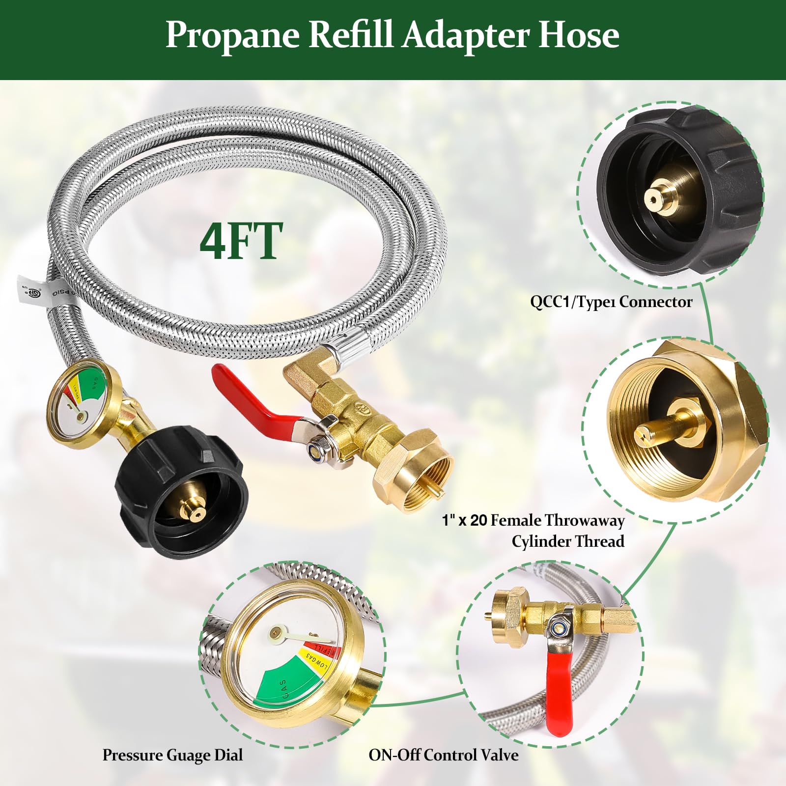Propane Tank Adapter for 1 lb. Tanks,Upgrade 3 FT/36inch Propane Tank Refill Adapter Stainless Steel Hose with Gauge and ON-Off Control Valve, Fits QCC1 / Type 1 Propane Tank, 2 Caps Included