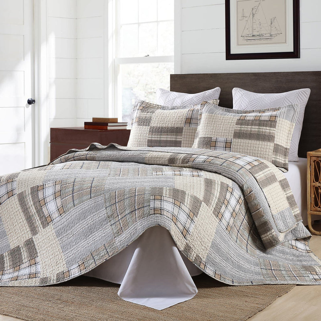 Y-PLWOMEN 100% Cotton Farmhouse Plaid Lightweight 3-Pieces Quilt Set (Blue Brown, Queen90 * 98 Inch)