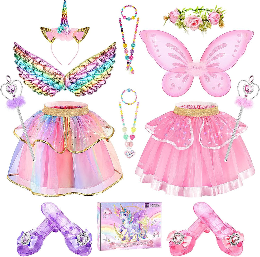 Chillife Princess Dress Up Fairy & Unicorn Costume for Girls 4-6, Toddler Dress with Tutu, Wings, Shoes, Jewelry, Headband Fairy Unicorn Toys for Girls Christmas Halloween Birthday Gift Toys