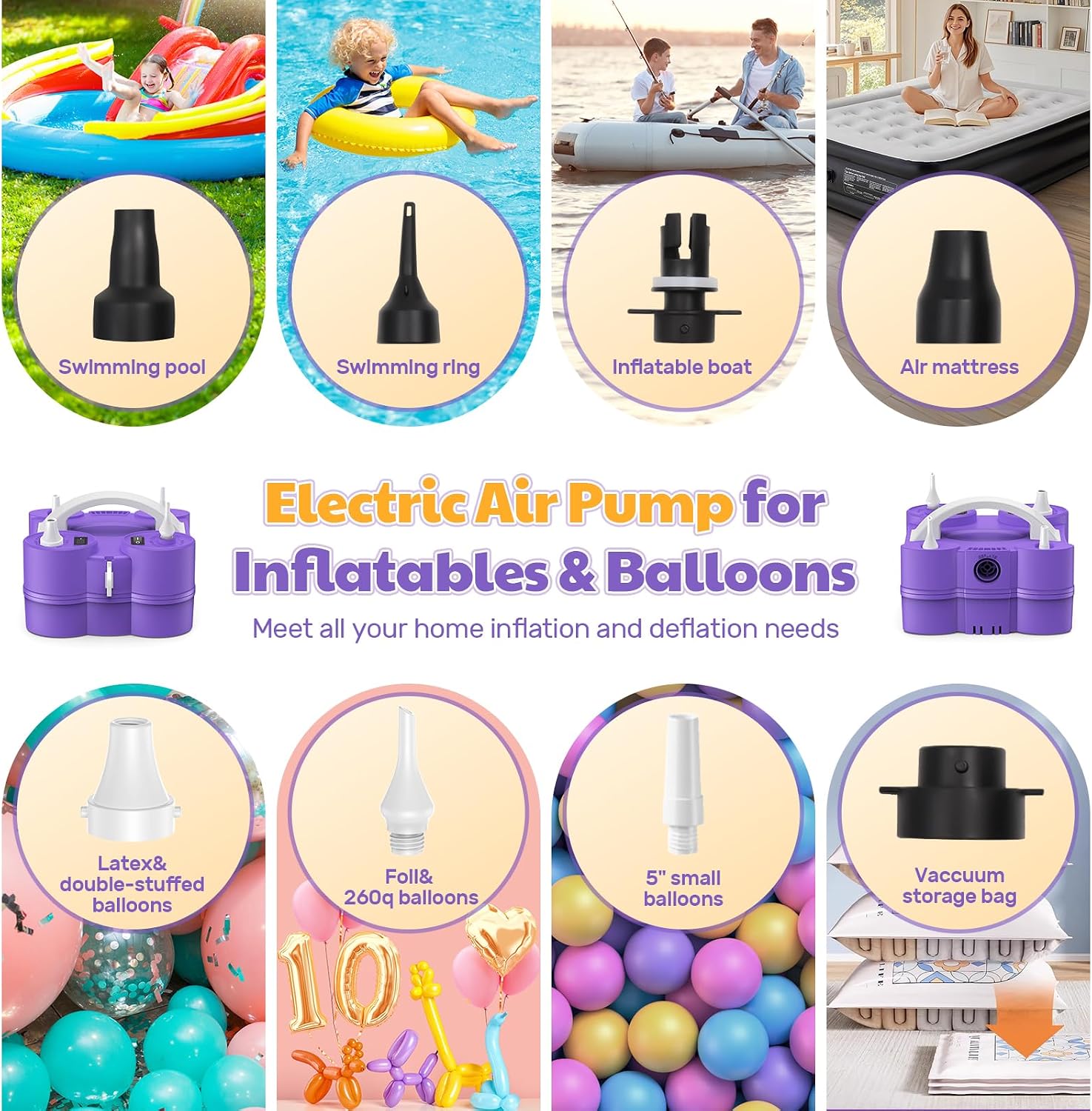Keaibuding Balloon Pump Electric 3-in-1 Portable Air Pump for Inflatables and Balloons, Fast Inflation for 260q Foil Mylar Latex Double-Stuffed Balloons, Inflator Deflator for Pool Floats Air Bed
