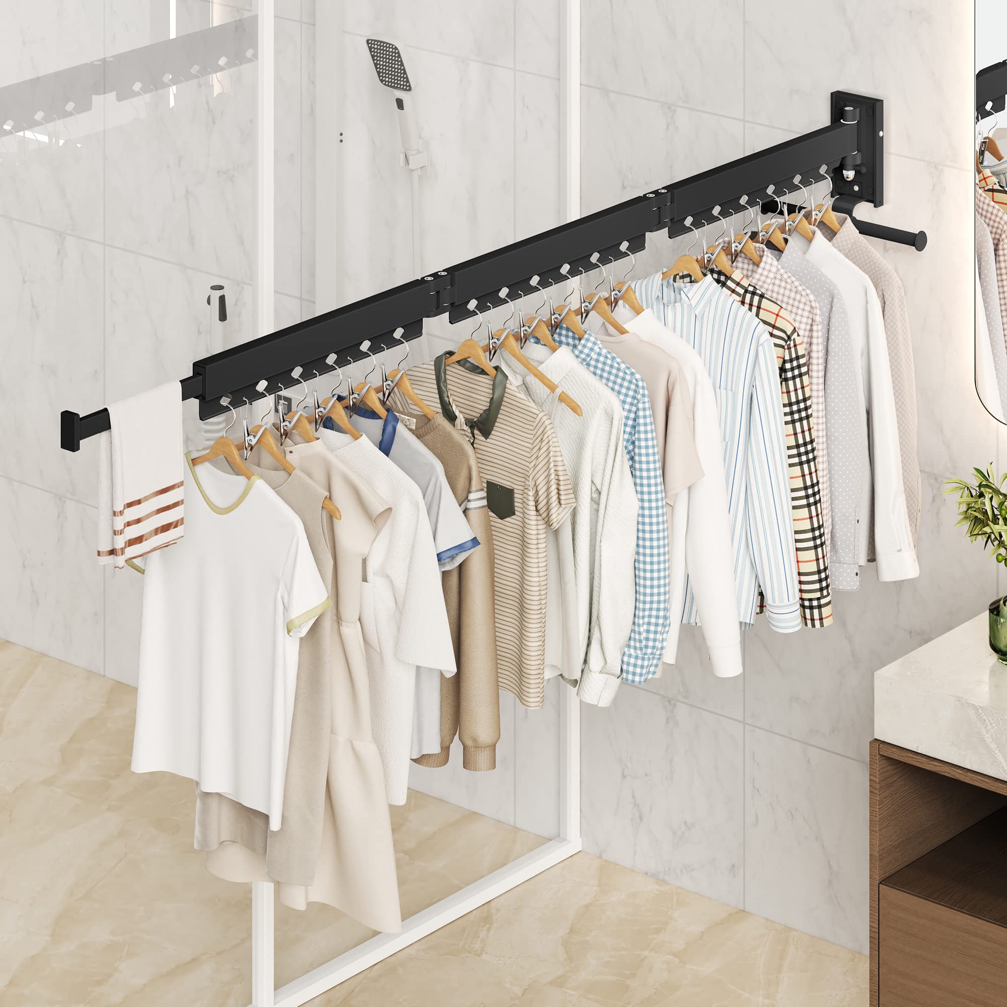 HEILAIYI Clothes Drying Rack for Laundry,Wall Mounted Clothes Hanger Rack,Folding,Retractable,Collapsible(J Shape Hooks)