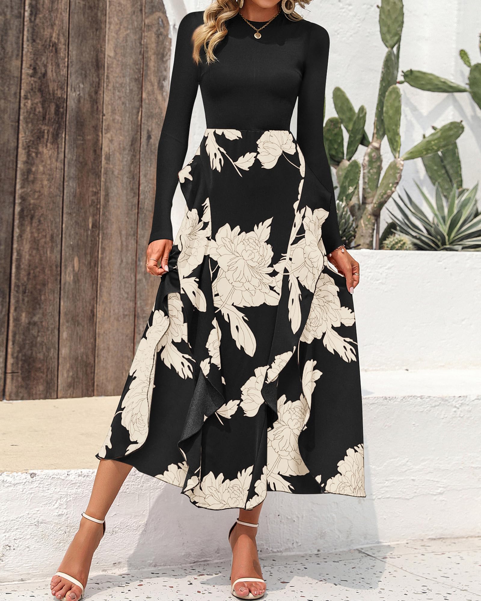 BTFBM Womens Floral Maxi Dress Fall 2025 Casual Crewneck Long Sleeve Ruffle Flowy Cocktail Wedding Guest Dresses