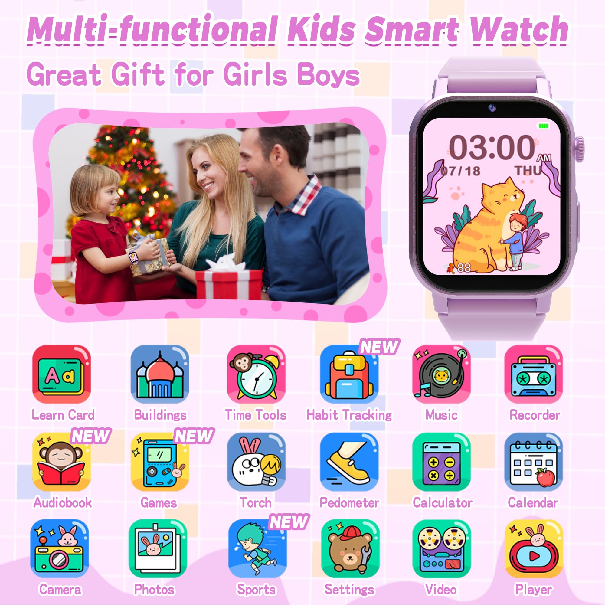 Kids Smart Watch Boys, Kids Game Smart Watch with 32 Games HD Touch Screen Video Camera Music Player Audiobooks Pedometer Flashlight Alarm Clock 12/24 hr, Toys Gift for 3-12 Years Old Boys Girls