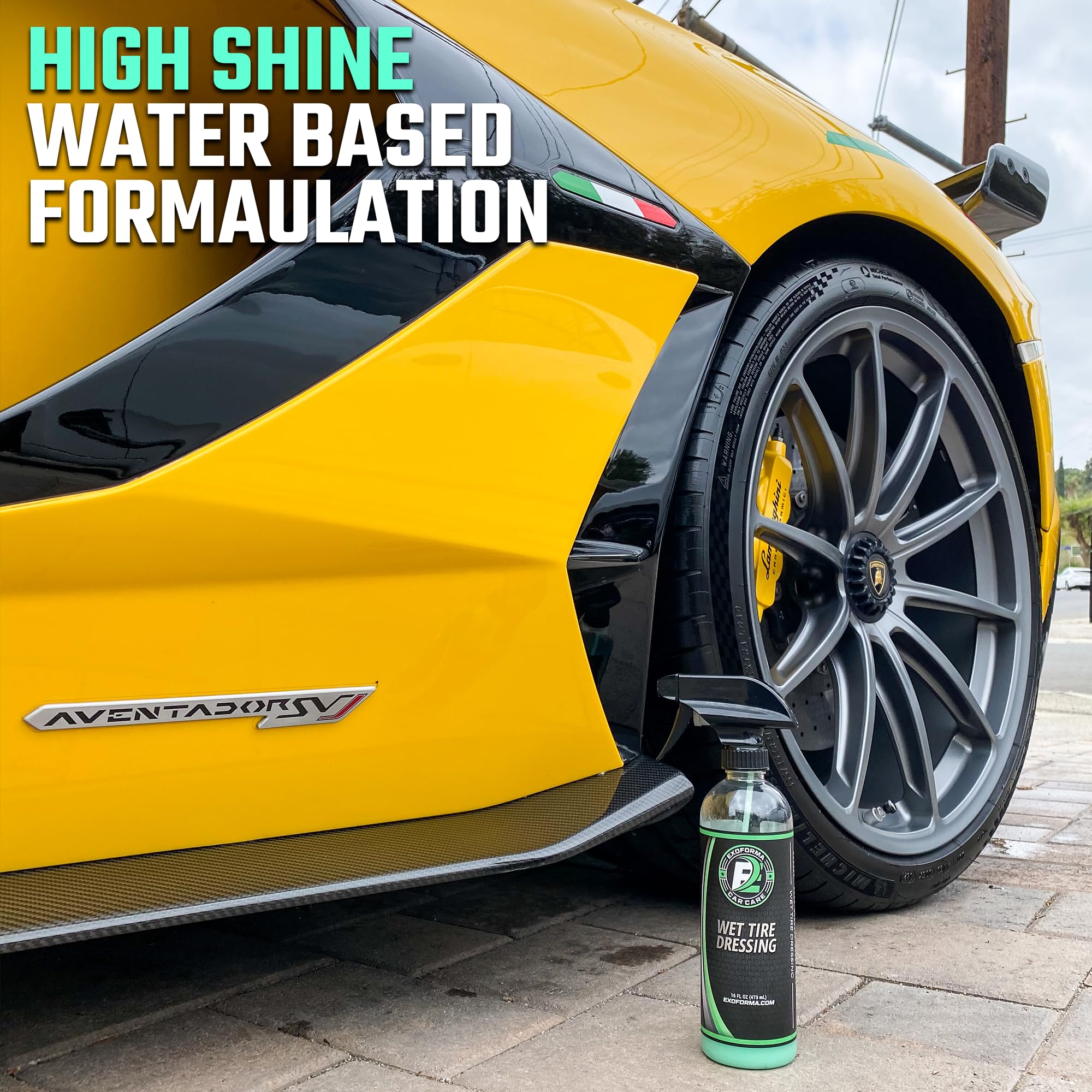 ExoForma Wet Tire Dressing Spray - Extremely High Shine Tire Dressing for That Wet Look - No Sling, Non-Greasy Silicone Formula with UV Protection - Easy to Apply, Minimal Cure Time - 16 fl oz