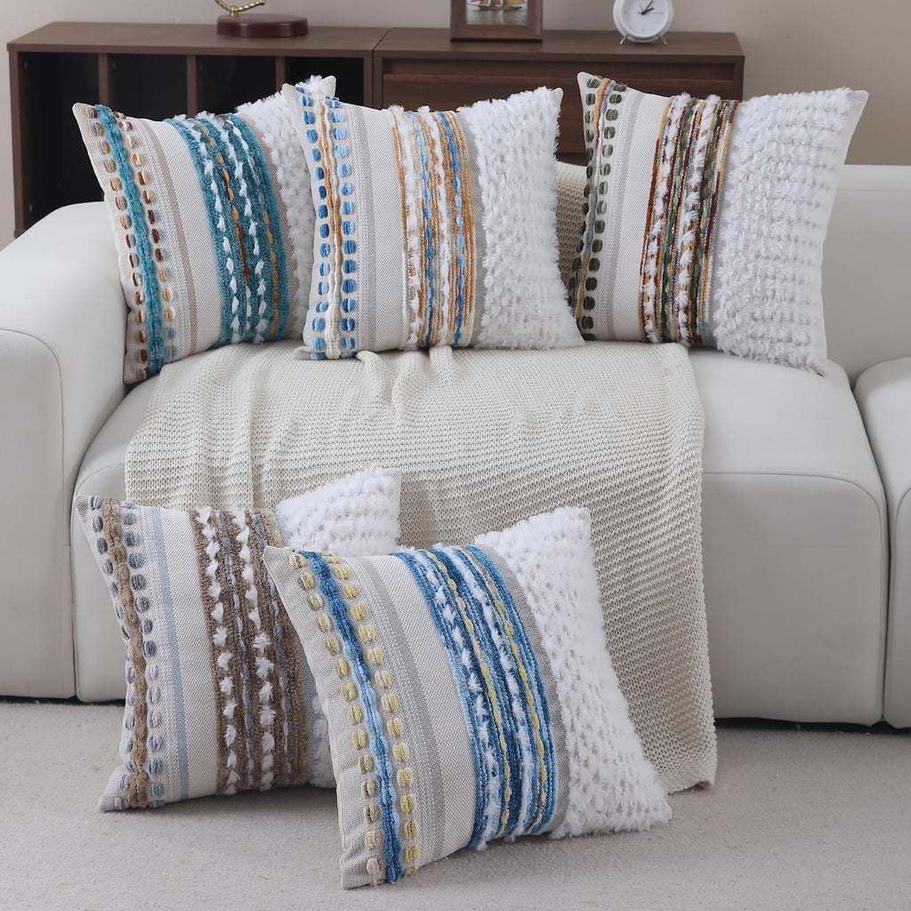 Boho Pillow Covers 18x18 Set of 2 for Couch-Modern Farmhouse Sofa Decorative Throw Pillow Covers Textured Chenille Cushion Covers Outdoor Netural Bohemian Pillow Cases Square