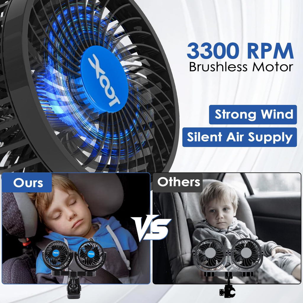 XOOL Clip Car Fan, 9 Inches 12V/24V Fan, 360° Rotatable Electric Cooling Clip on Fan with Stepless Speed Regulation for SUV, RV, Truck
