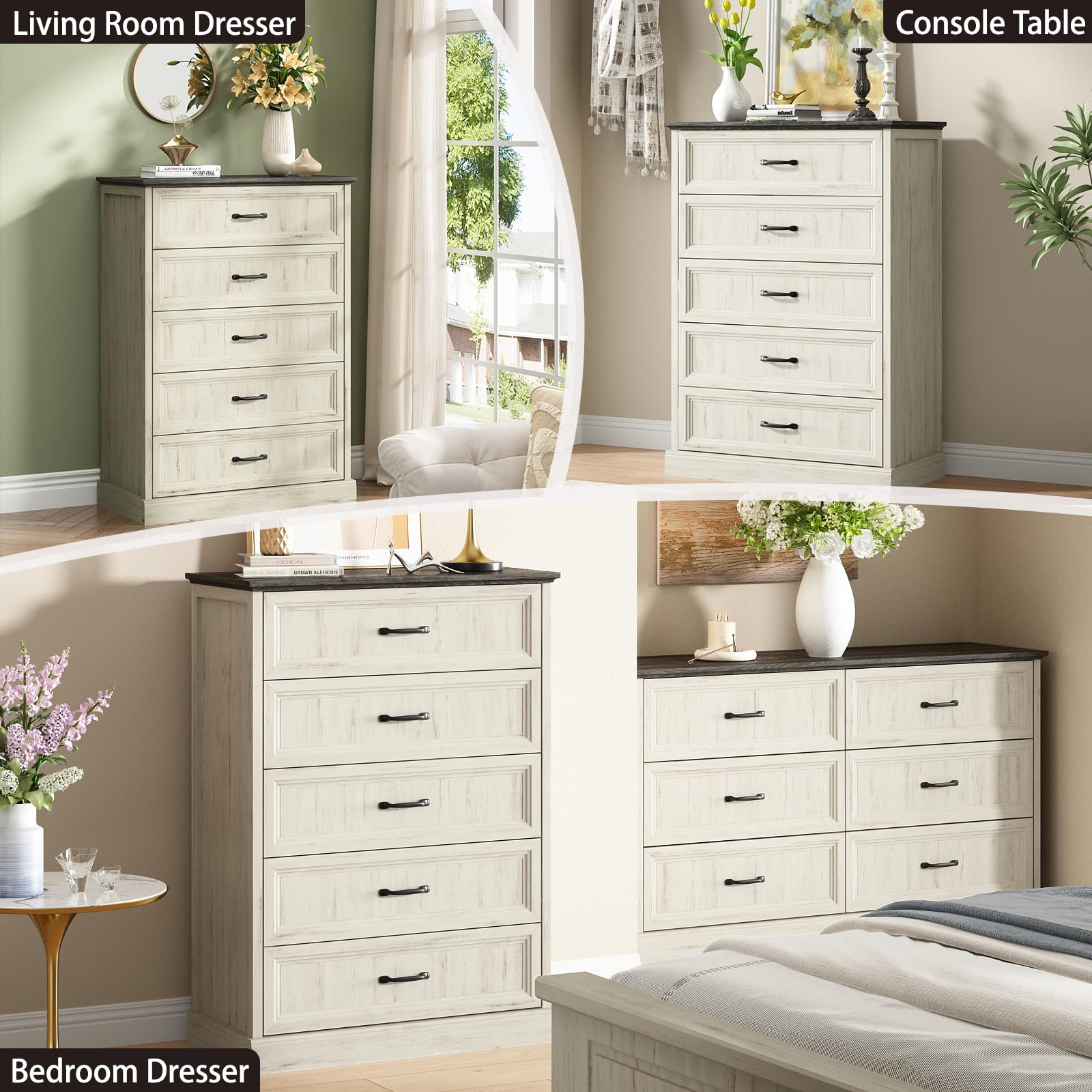 Farmhouse 5 Drawers Dresser for Bedroom, 44" Tall Brown dresser Wood Rustic Chest of Drawers with Wide Metal Handle,Natural Texture,Drawer Organizer for Bedroom,Living Room,Hallway and Entryway
