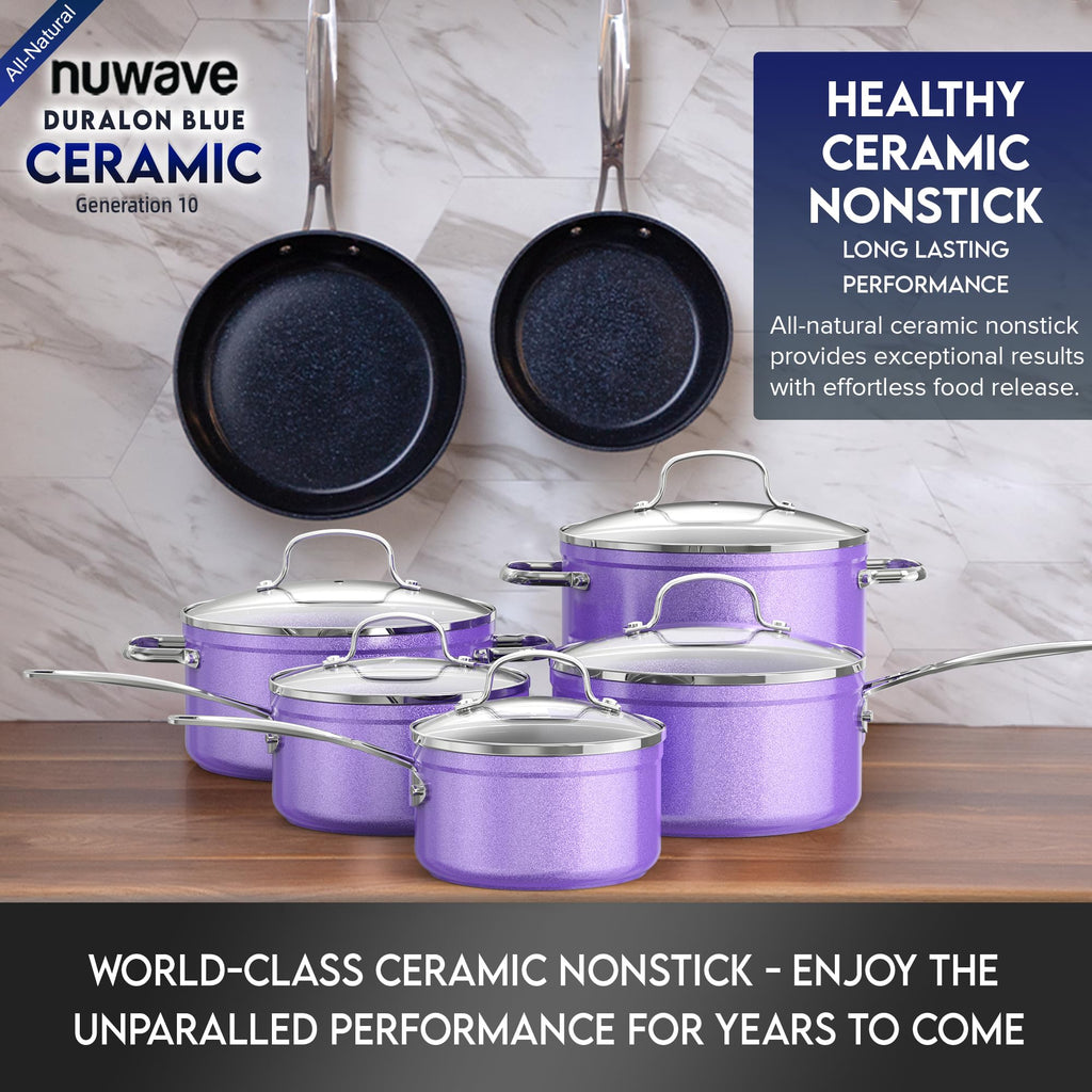 Nuwave Healthy Duralon Blue Ceramic Nonstick Cookware Set, Diamond Infused Scratch-Resistant, PFAS Free, Dishwasher & Oven Safe, Induction Ready & Evenly Heats, Tempered Glass Lids & Stay-Cool Handles