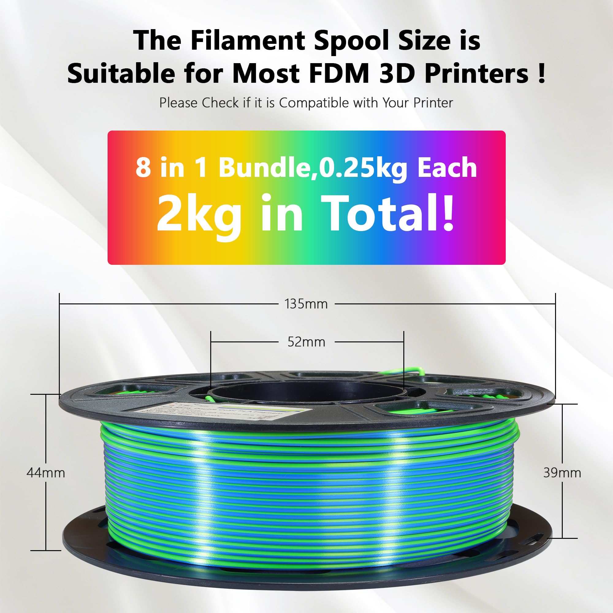 1.75mm PLA 3D Printer Filament Bundle: Glow in Dark Green/Blue/Purple/Rainbow, One Spool Clear Multi Colored, Each Spool 250g, Total 1.25Kg 3D Printing Material, 250g x 5 Spools Glow in Dark PLA