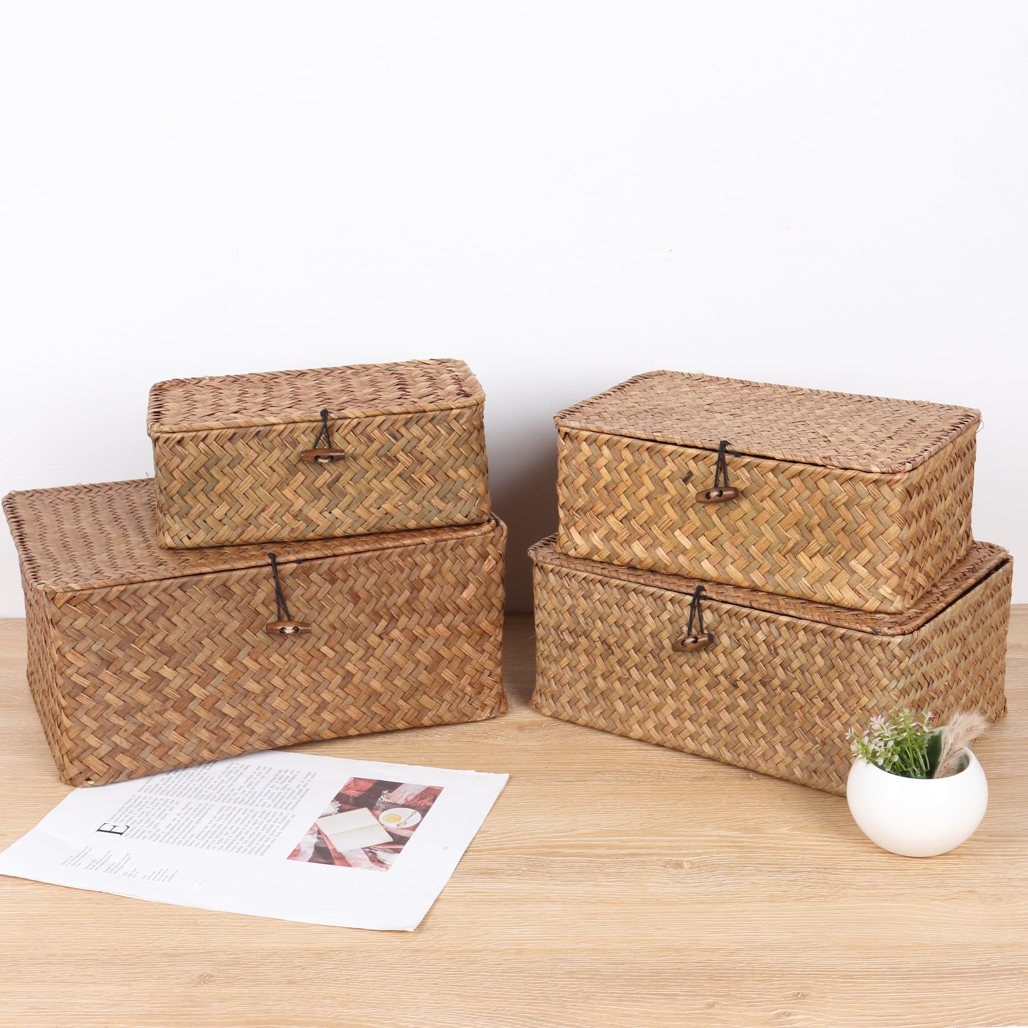 FEIALNDUO Wicker Shelf Baskets with Lid,Seagrass Storage Basket Bins Rectangular Handwoven Basket Boxes for Shelves Desktop Home Organizer (Coffee, X-Small)