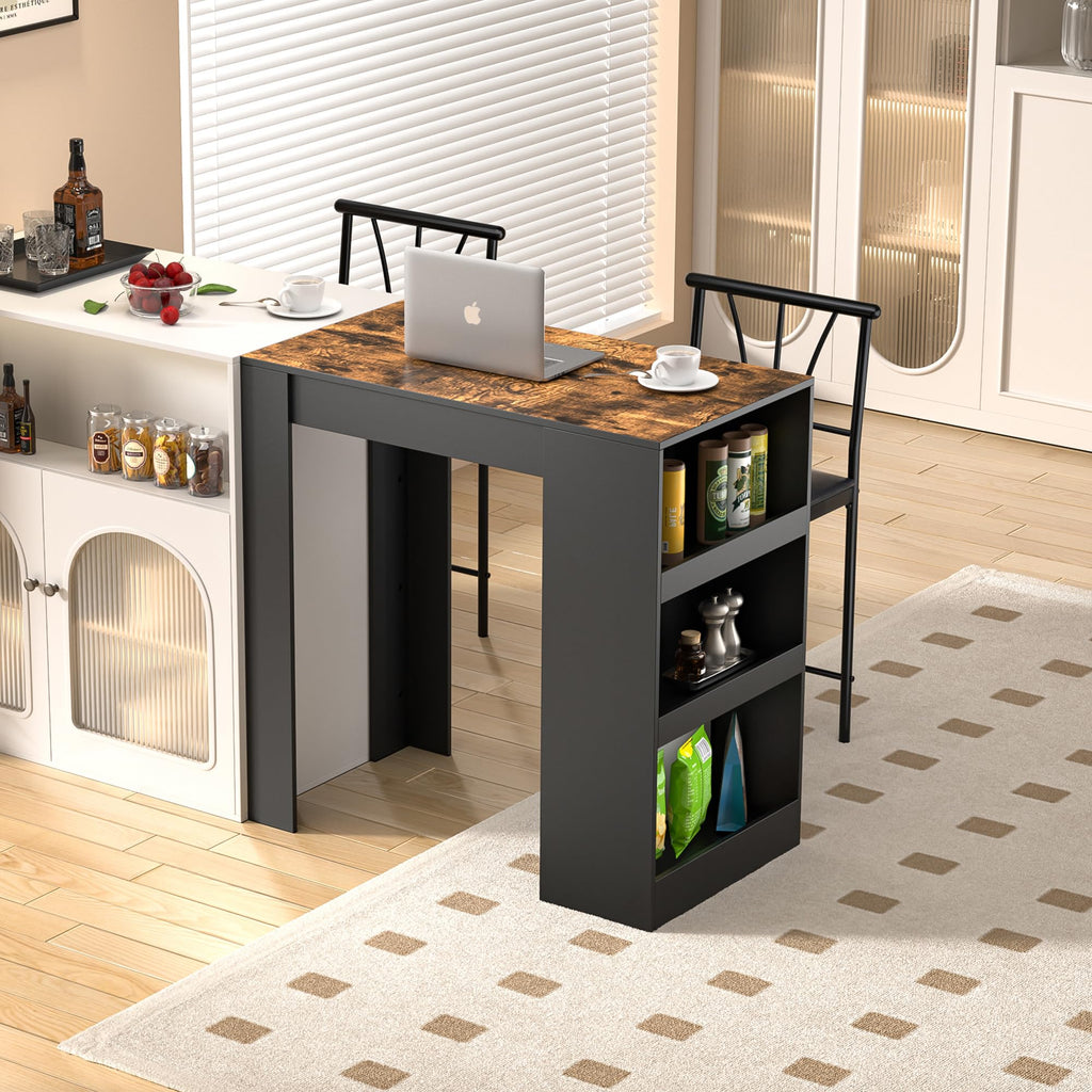 VECELO Small Bar Table and Chairs Tall Kitchen Breakfast Nook with Stools/Dining Set for 2, Storage Shelves, Space-Saving, Gray