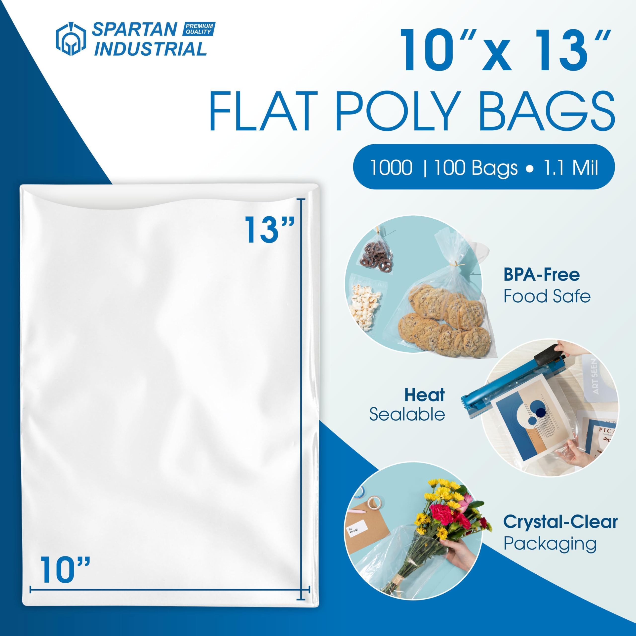 10" X 13" Open-End Flat Clear Poly Bags (100 Count) - 1.1 Mil Clear Plastic Bags for Packaging and Storage - No Adhesive Strip - Spartan Industrial