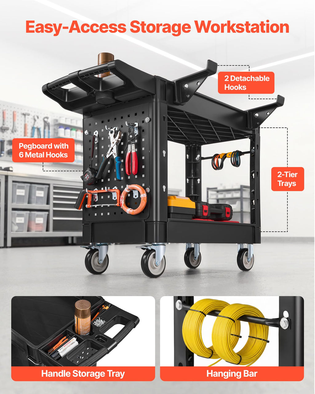 VEVOR Utility Service Cart, 2 Shelf 550LBS Heavy Duty Plastic Rolling Utility Cart, Medium Lipped Shelf, 360° Swivel Wheels, Ergonomic Storage Handle for Warehouse Garage, Black | Heavy Duty Rolling Cart with 360° Swivel Wheels, Medium Lipped Shelf, Ergon