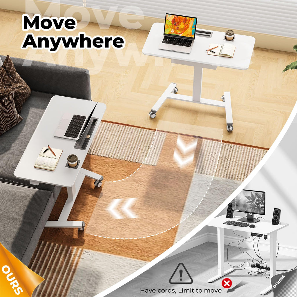 Small Mobile Standing Desk with Drawer, 23.6"x19.7" Rolling Laptop Cart on Wheels, Height Adjustable Sit Stand Computer Workstation with Storage for Compact Space, Black