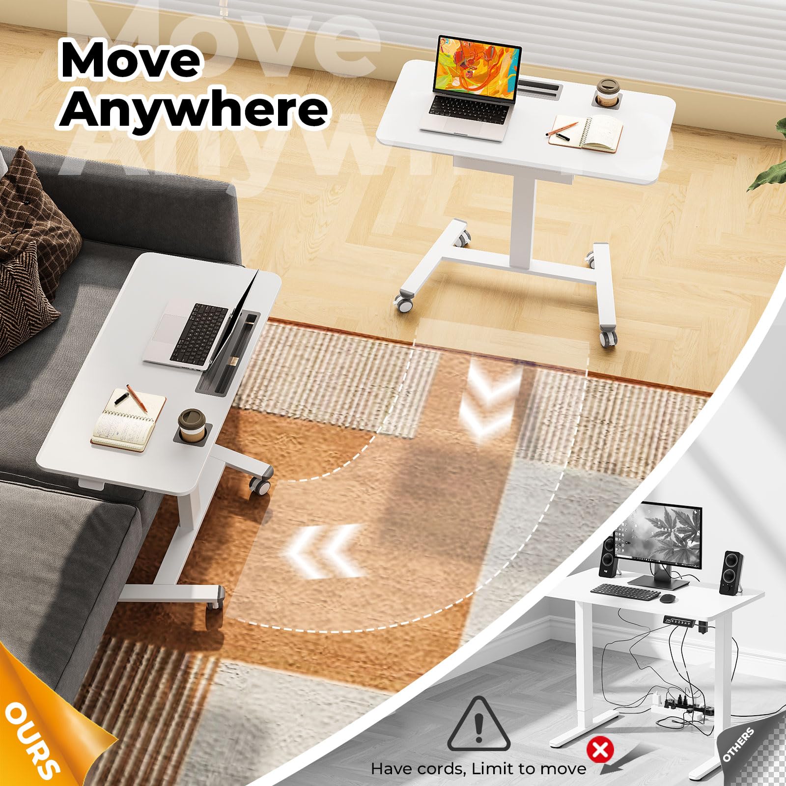 Small Mobile Standing Desk with Drawer, 23.6"x19.7" Rolling Laptop Cart on Wheels, Height Adjustable Sit Stand Computer Workstation with Storage for Compact Space, Black
