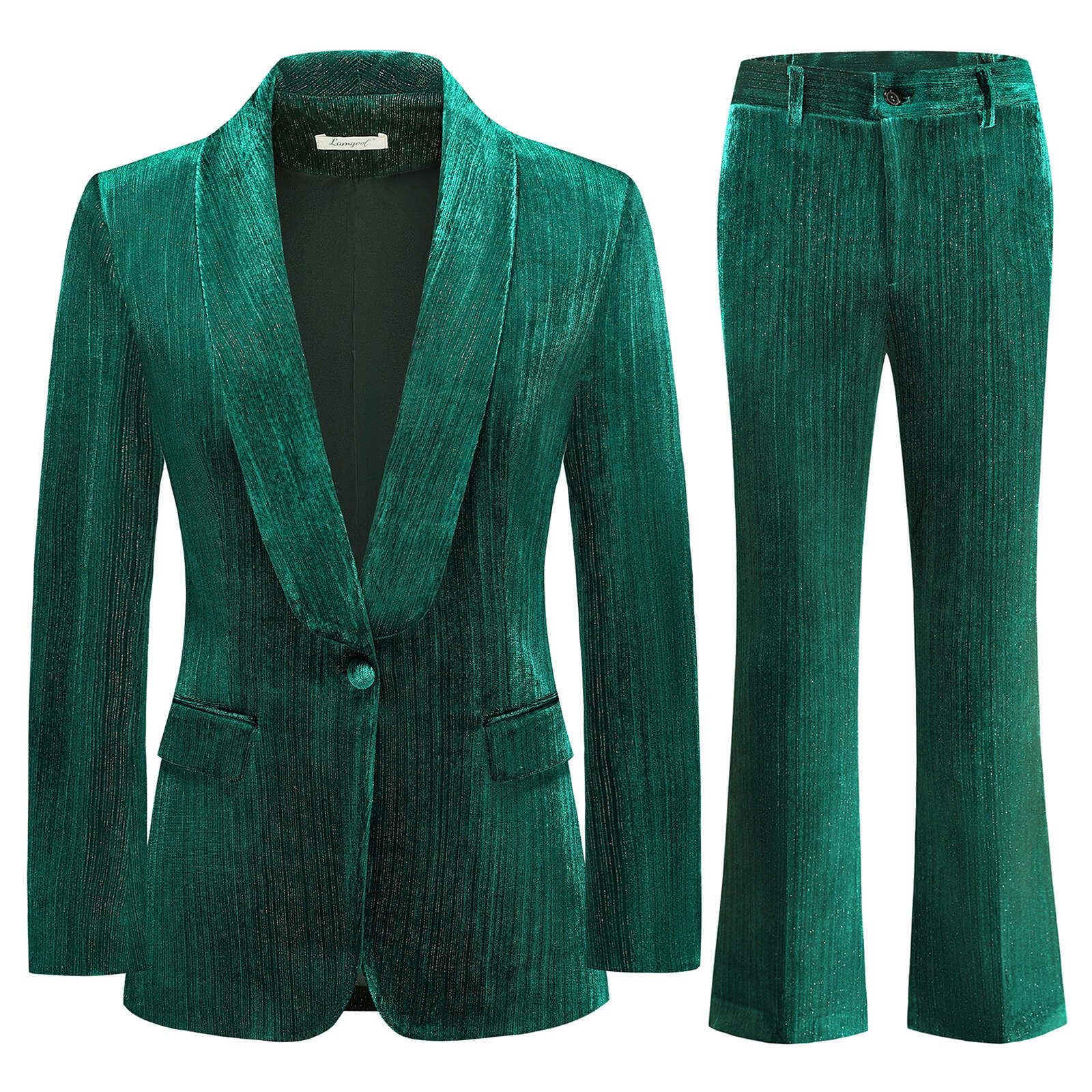 Lamgool Women Pantsuit Dressy Silver Thread Velvet 2 Piece Suit Set Blazer and Flared Pants