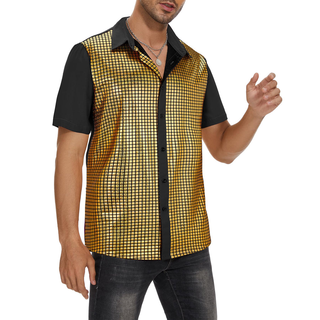 Zando Men's Sequin 70s 80s Disco Shirt - Retro Short Sleeve Button Up Costume Halloween New Year Party Outfit Top & Clubwear