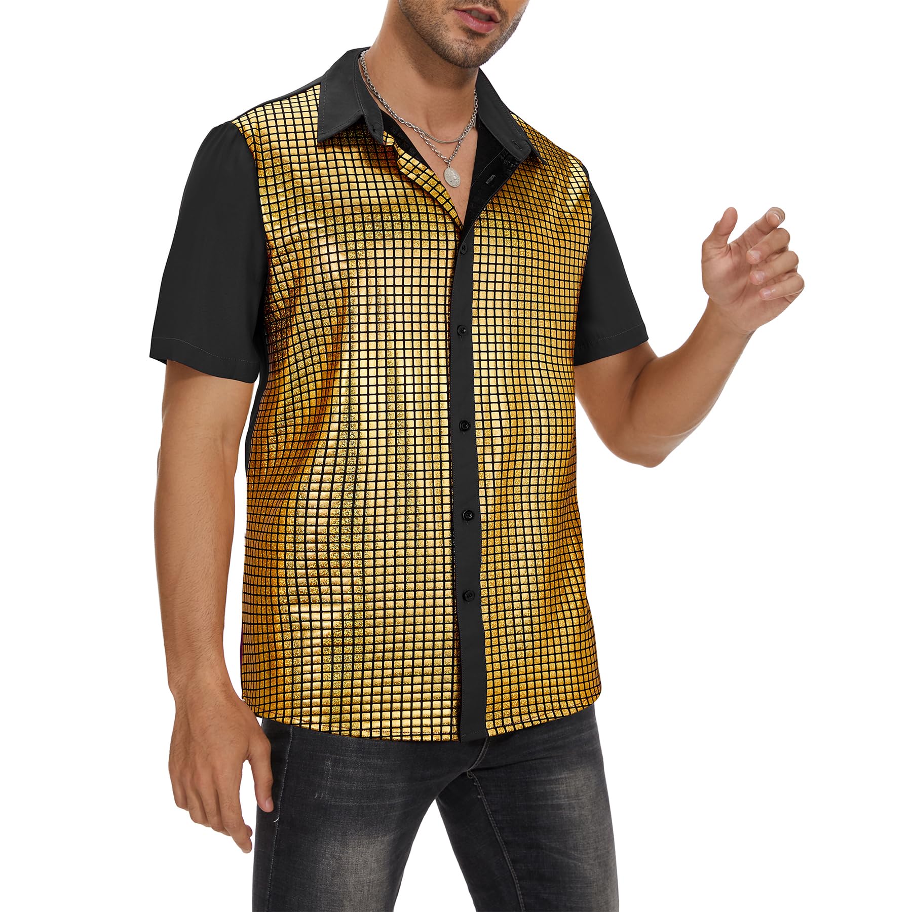 Zando Men's Sequin 70s 80s Disco Shirt - Retro Short Sleeve Button Up Costume Halloween New Year Party Outfit Top & Clubwear