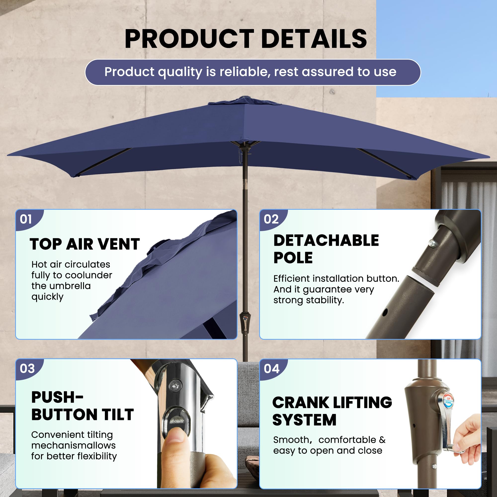 Ayge 6.5x10FT Rectangular Patio Umbrella Outdoor Table Umbrella w/Push Button Tilt & Crank Rectangle Market Umbrella UV Protection for Garden,Deck,Lawn,Yard & Pool,Beige