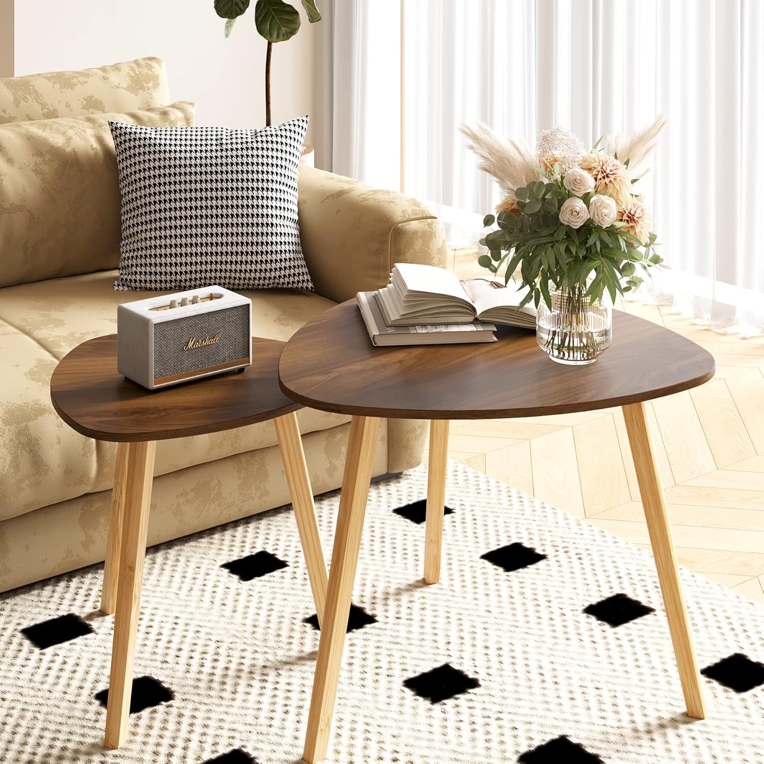 BAMEOS Monstera Leaf Nesting Tables Set of 2, Small Side Tables f Set with Leaf Vein Pattern, Modern Wooden CoffeeTables for Living Room Bedroom Apartment Balcony Yard