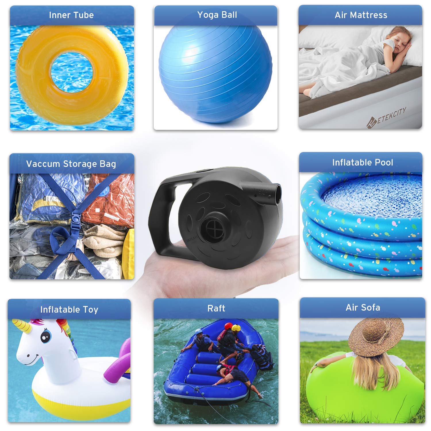 Etekcity Air Pump for Inflatables, Portable Electric Air Mattress Pump, Quick-Fill Perfect Inflator/Deflator for Couch, Blow up Pool Floats Raft Bed Boat Toy with Nozzles, 110-120V, Black