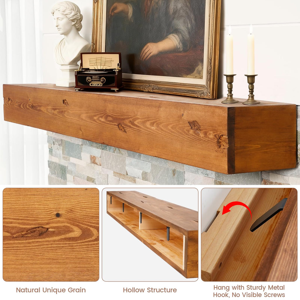 G GOOD GAIN Fireplace Mantel 54inch - Handmade Rustic Wood Mantel for Over Fireplace | Wall Mounted Floating Mantle Shelves for Living Room Decor(Chocolate, 54Lx5Hx8D)
