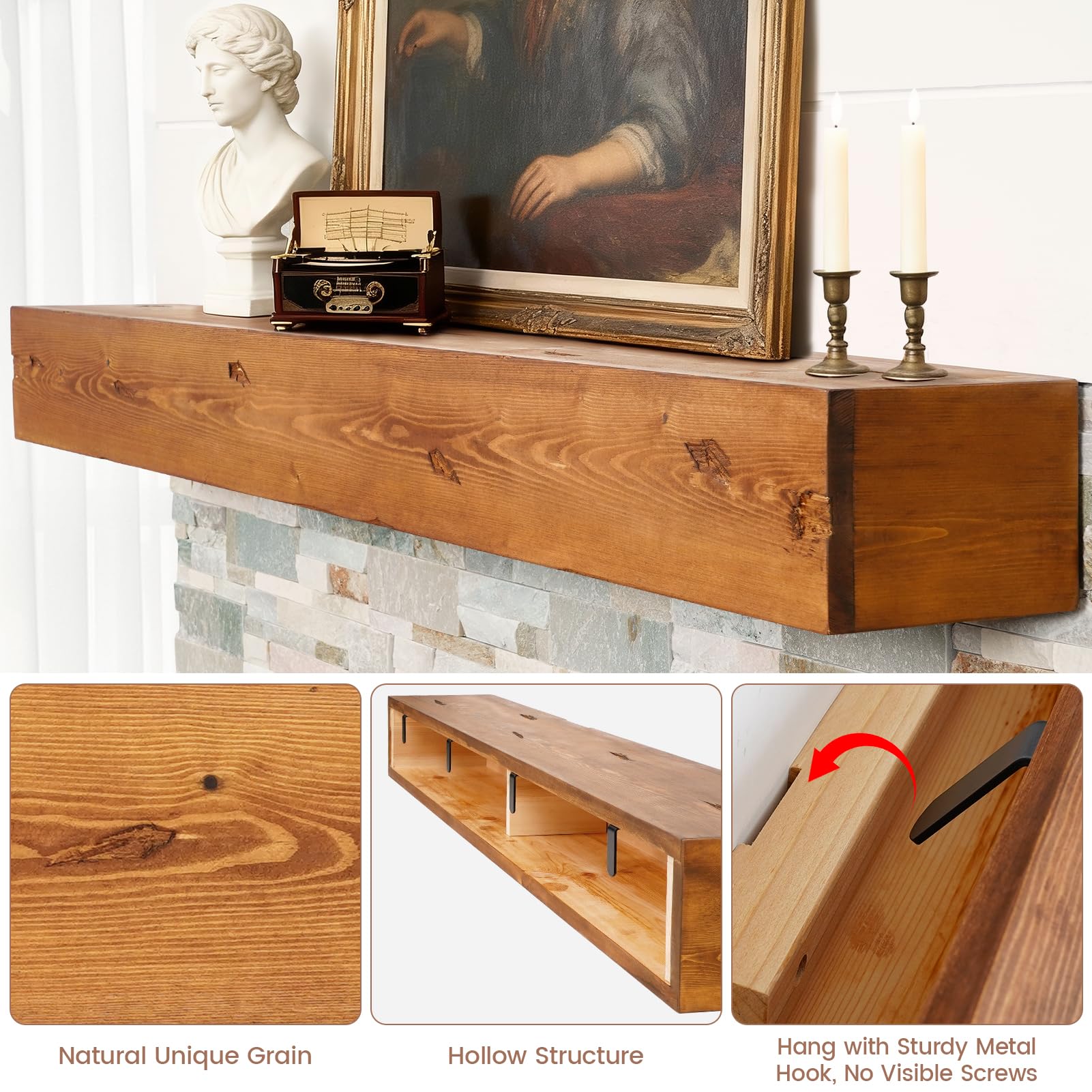G GOOD GAIN Fireplace Mantel 54inch - Handmade Rustic Wood Mantel for Over Fireplace | Wall Mounted Floating Mantle Shelves for Living Room Decor(Chocolate, 54Lx5Hx8D)