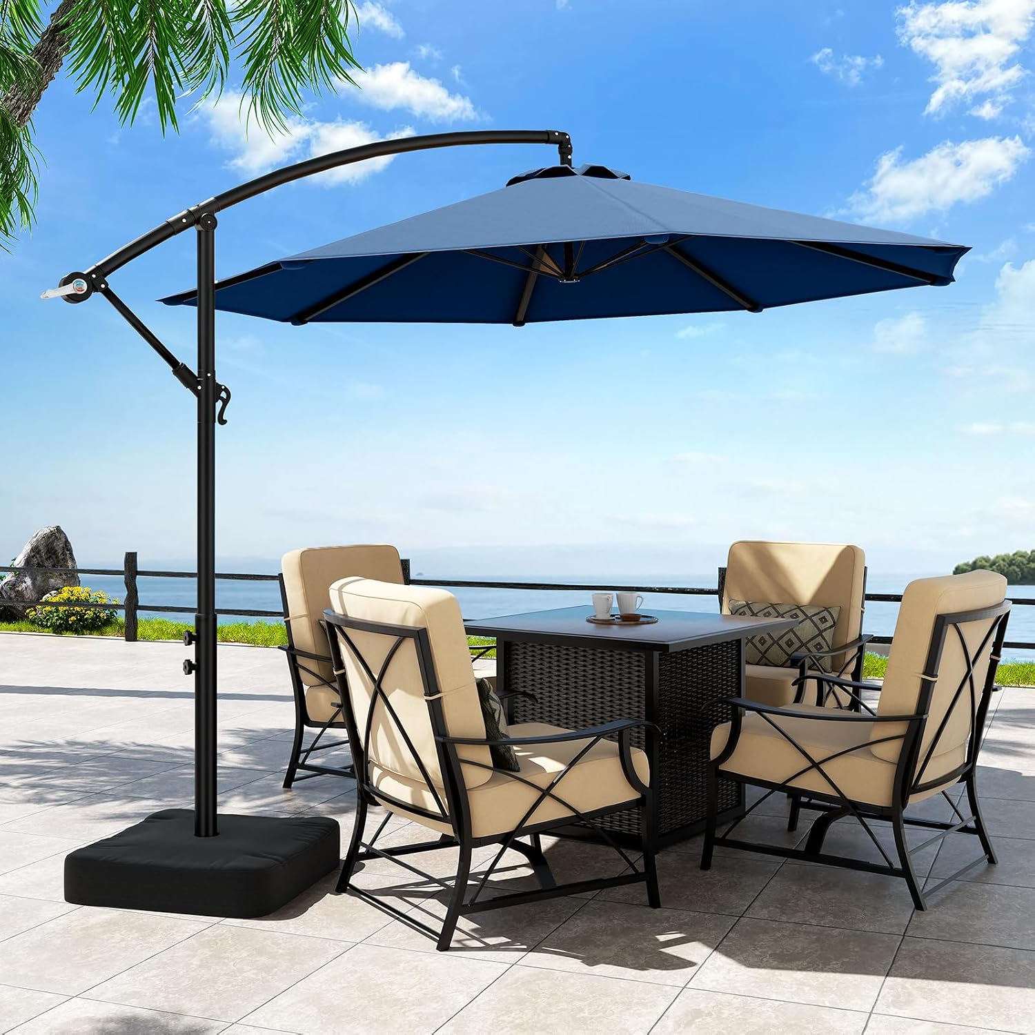 OLILAWN 10ft Patio Umbrella with Base Included, Outdoor Offset Cantilever Umbrella w/Upgraded Yarn-dyed Fabric Shade, Sturdy 8 Rids, Easy Tilt Adjustment, for Pool Deck Porch Backyard Garden,Navy Blue